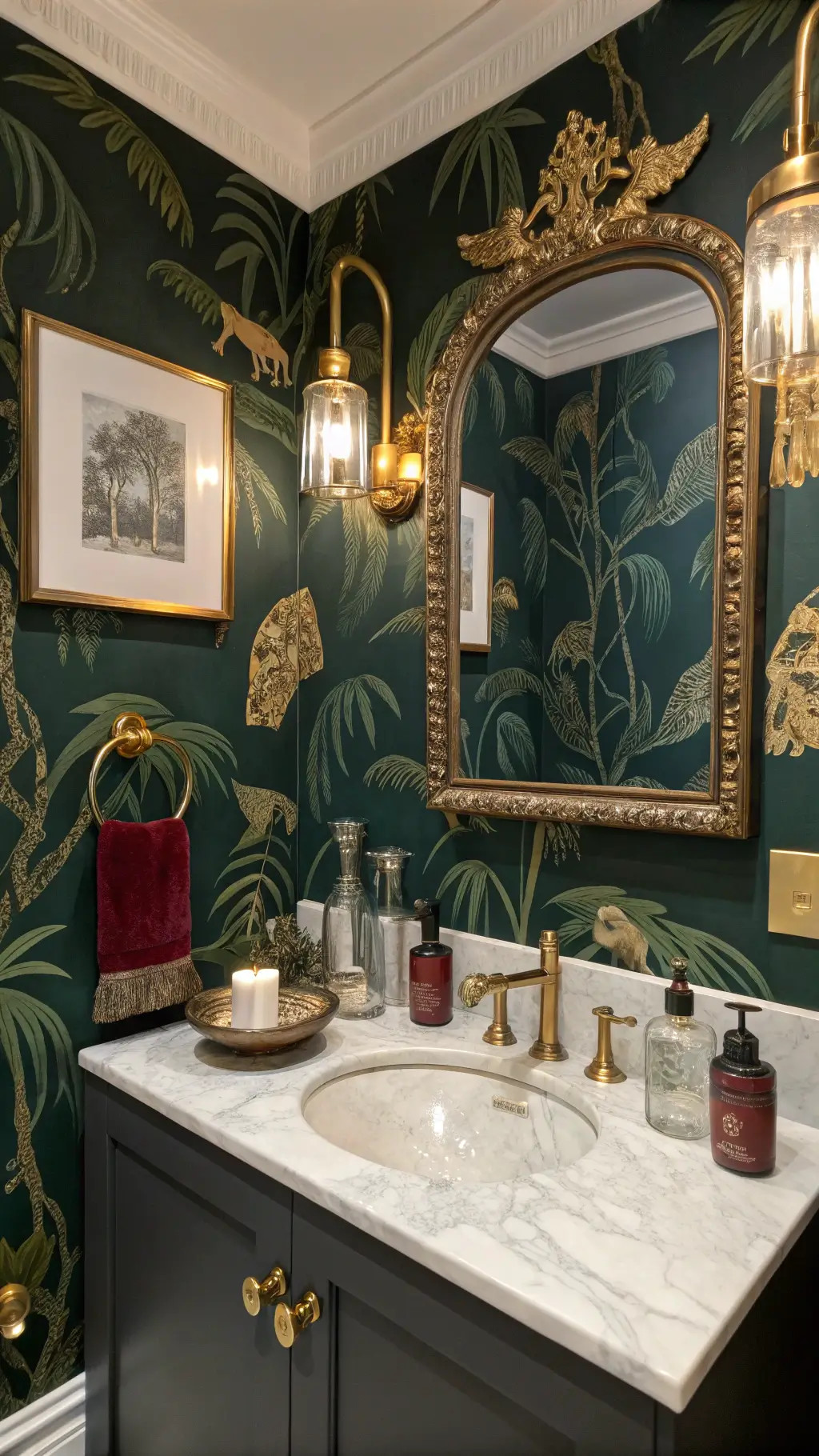 Dramatic powder room with bold monkey wallpaper, vintage brass mirror, marble sink with ornate gold faucet, styled vanity featuring crystal decanters, vintage perfume bottles, framed art; warm pendant light casting shadows in an 8x10ft space with rich charcoal, gold, jungle green, and ruby red tones.