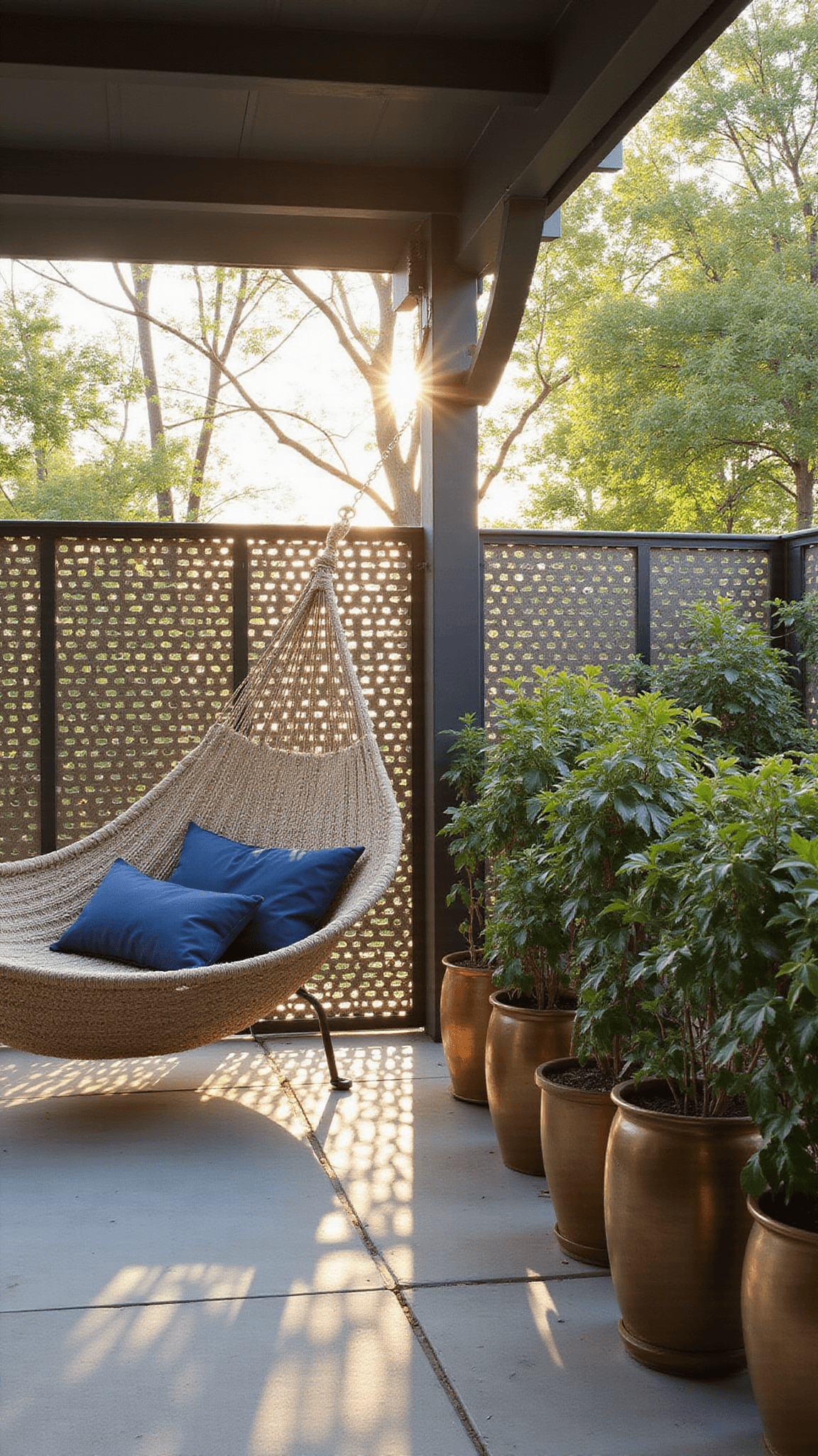 Covered patio at dawn with geometric screen shadows, cotton hammock with indigo pillows, brass planters forming a living wall, and morning mist on foliage.