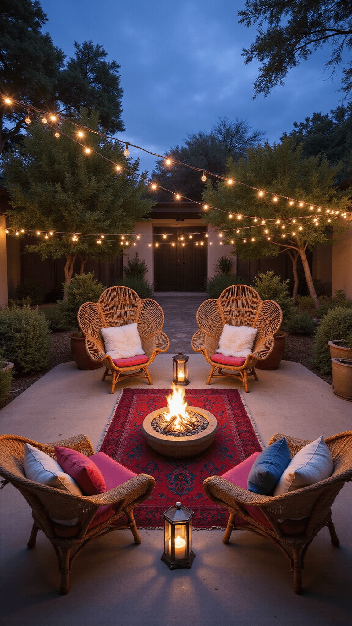 Bird's eye view of a 20x20ft patio at dusk with central fire pit, vintage rugs, rattan peacock chairs with sheepskin throws, jewel-toned textiles, and warm ambient lighting from lanterns and string lights.