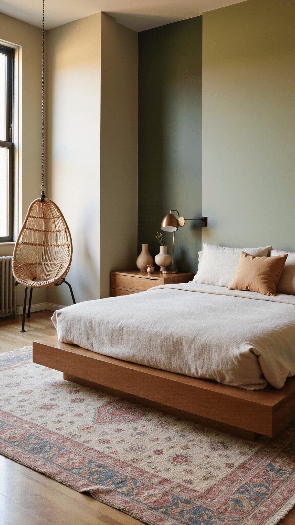 Modern sage green bedroom with platform bed, vintage Moroccan rug, rattan hanging chair, and golden hour lighting.