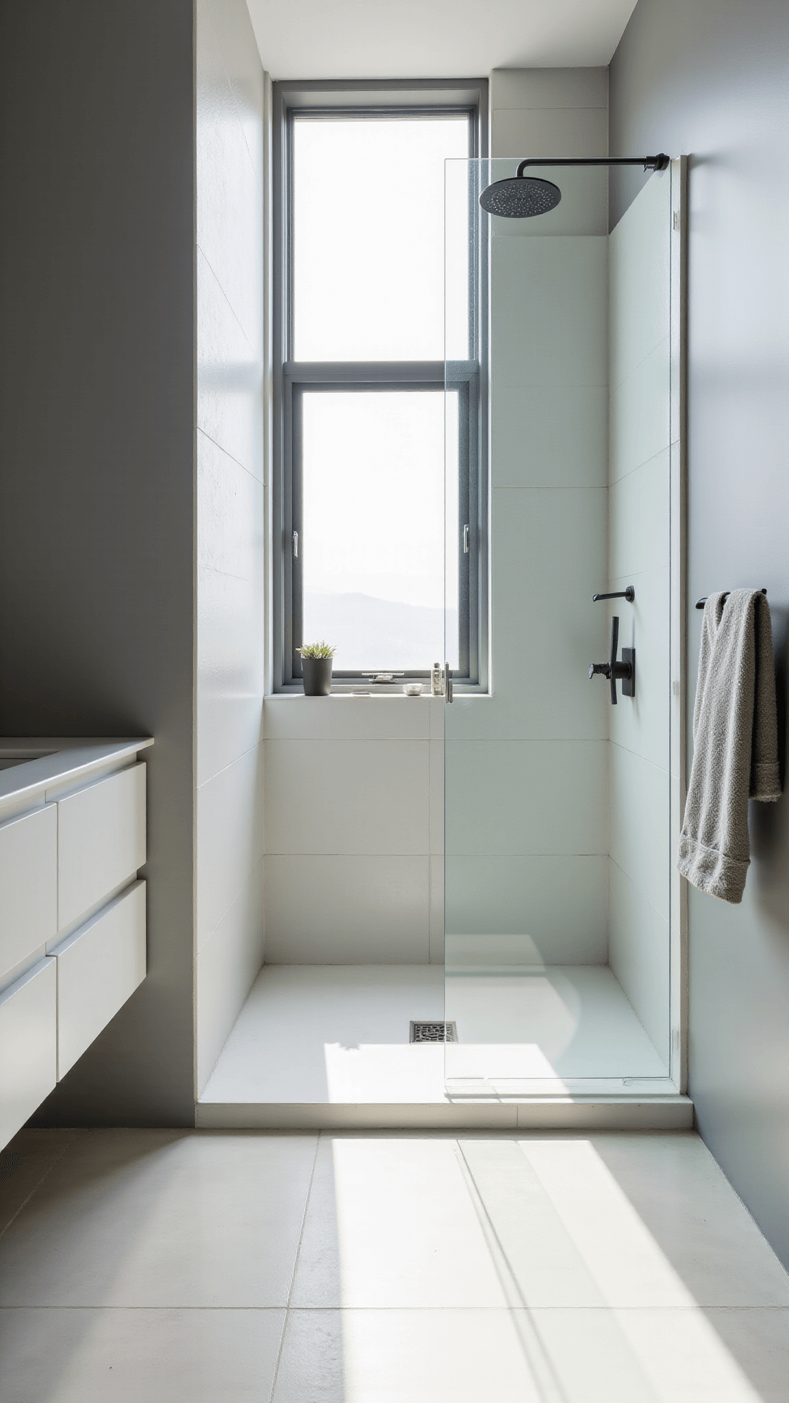 Modern minimalist 12x8ft bathroom with walk-in shower, white porcelain tiles, glass partition, floating white vanity, and matte black fixtures, illuminated by morning light through frosted window.