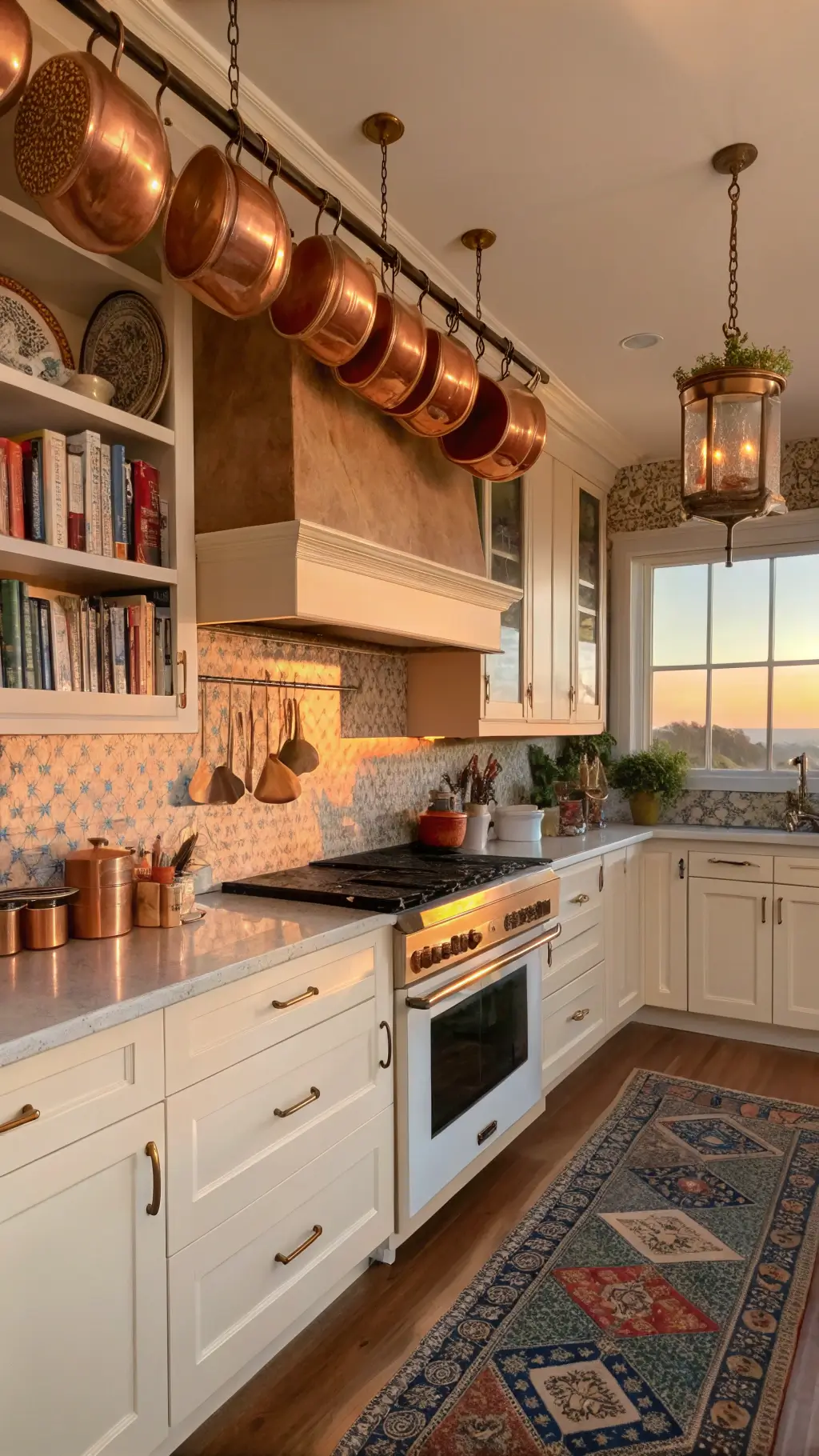 Sunlit kitchen with cream cabinets, copper pots, marble counters, Moroccan tile backsplash, and a vintage kilim runner.