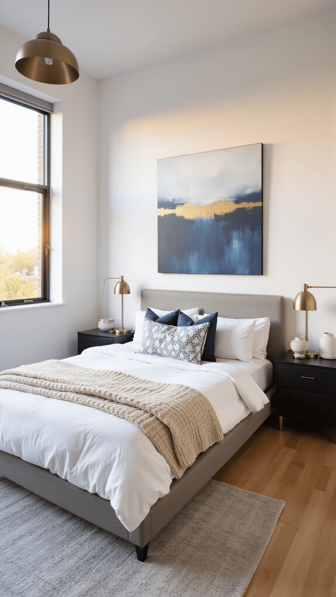 Modern 14x16ft bedroom at golden hour with floor-to-ceiling windows, low platform bed in white linens, light oak floors, abstract navy and gold artwork, and minimalist decor in warm natural light.