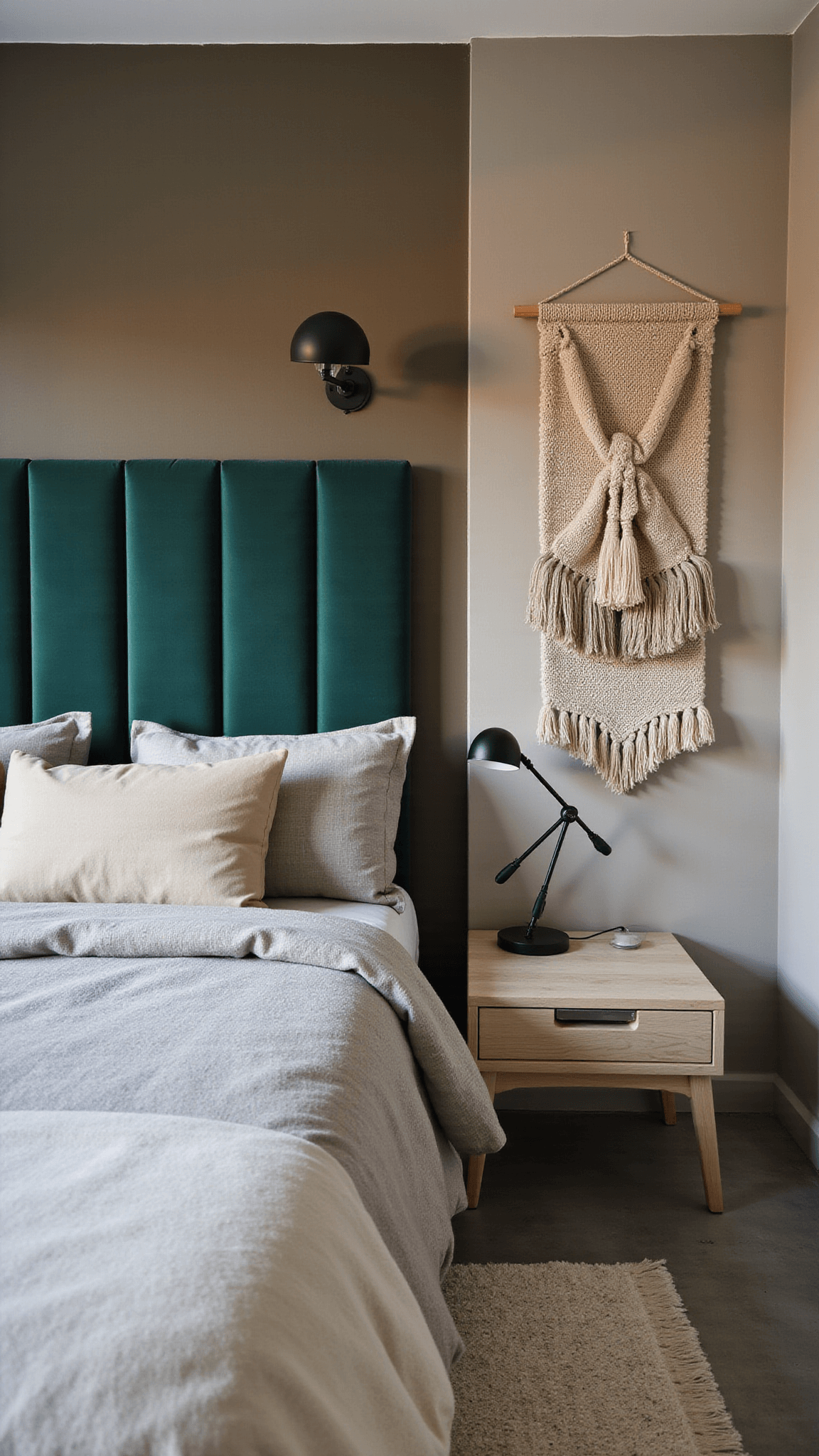 Contemporary 12x14ft bedroom at blue hour with forest green velvet headboard, industrial black sconces, layered neutral bedding, asymmetrical oak nightstand, sculptural lamp, handwoven wall hanging, and polished concrete flooring.