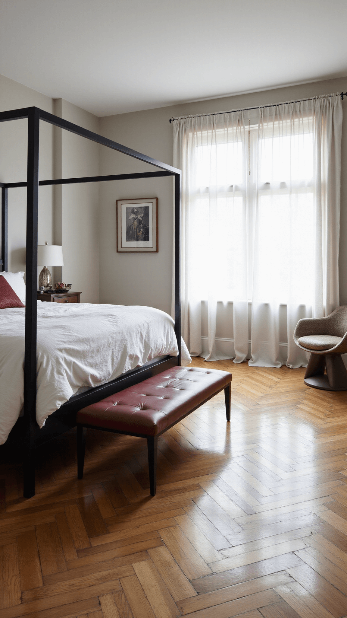 Sunlit primary bedroom with black four-poster bed, white bedding, burgundy accents, herringbone floors, modern seating, and sheer curtains filtering light over mixed textures.