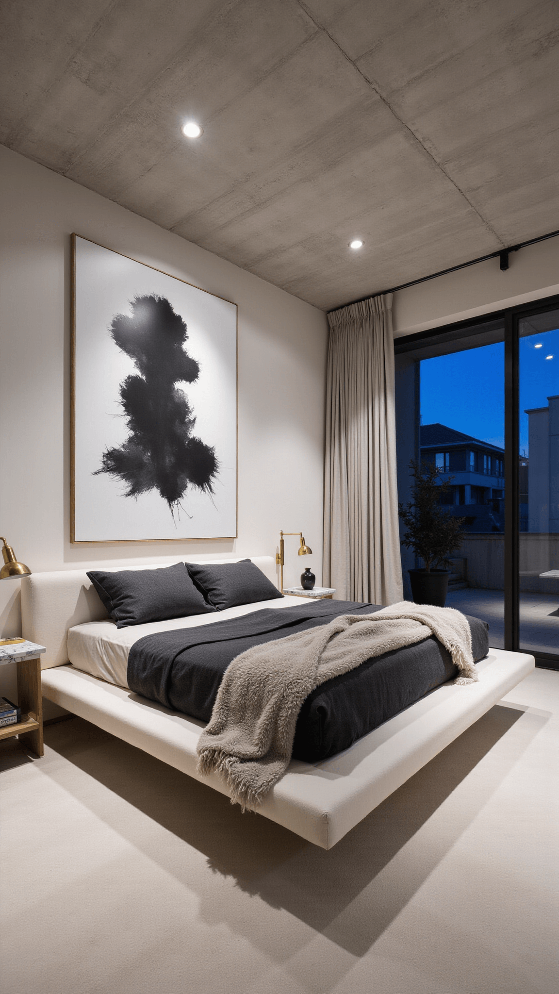 Dusk-lit modern bedroom with concrete ceiling, bone white plaster walls, floating platform bed, abstract black-and-white art, and view to terrace through steel-framed doors.