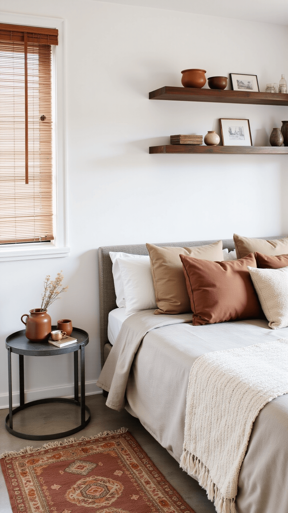 Minimalist bedroom with morning light streaming through wooden blinds, featuring a queen bed with earth-toned pillows, floating walnut shelves, and a Moroccan rug in muted tones.
