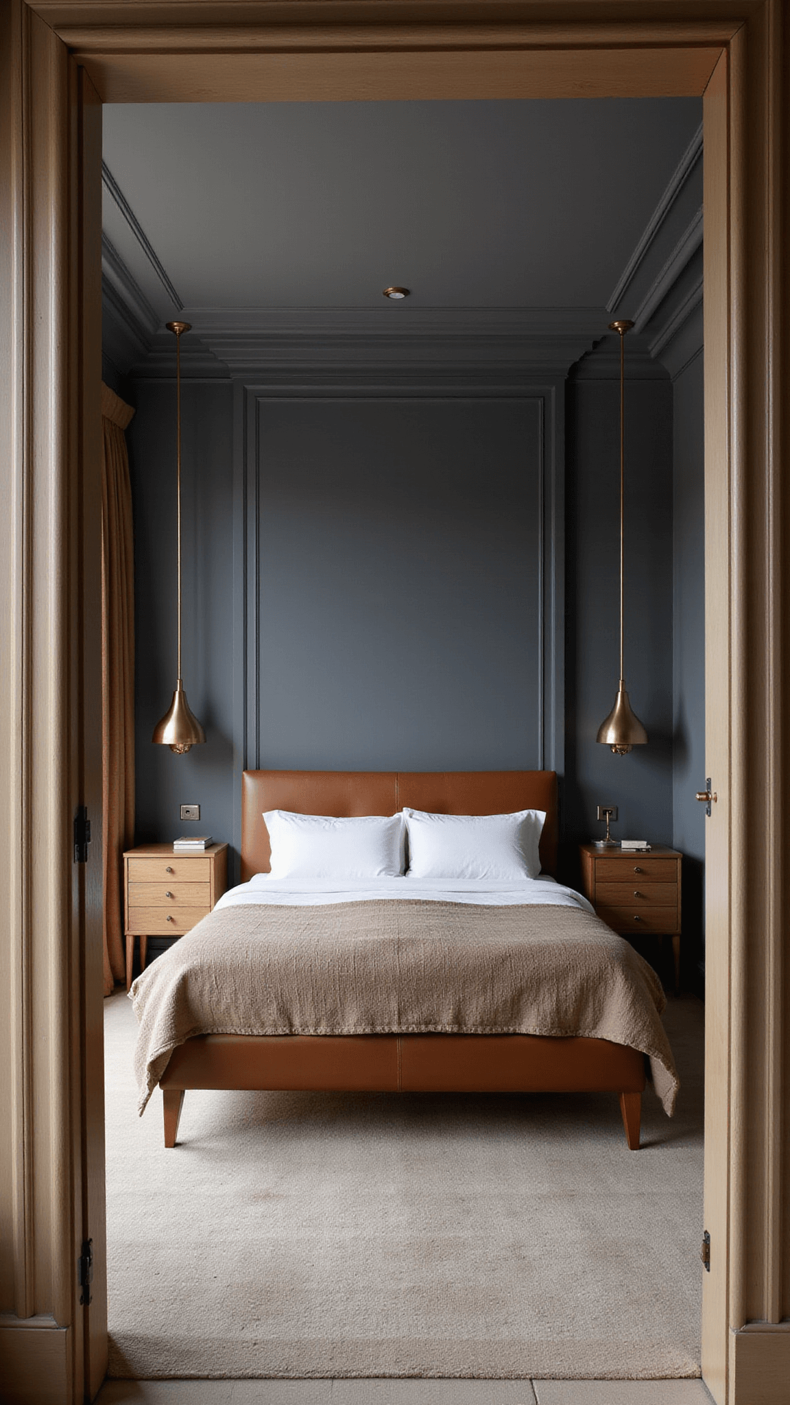 Twilight-lit modern bedroom with cognac leather bed, oak nightstands, brass pendant lights, and coffered ceiling, viewed from doorway.