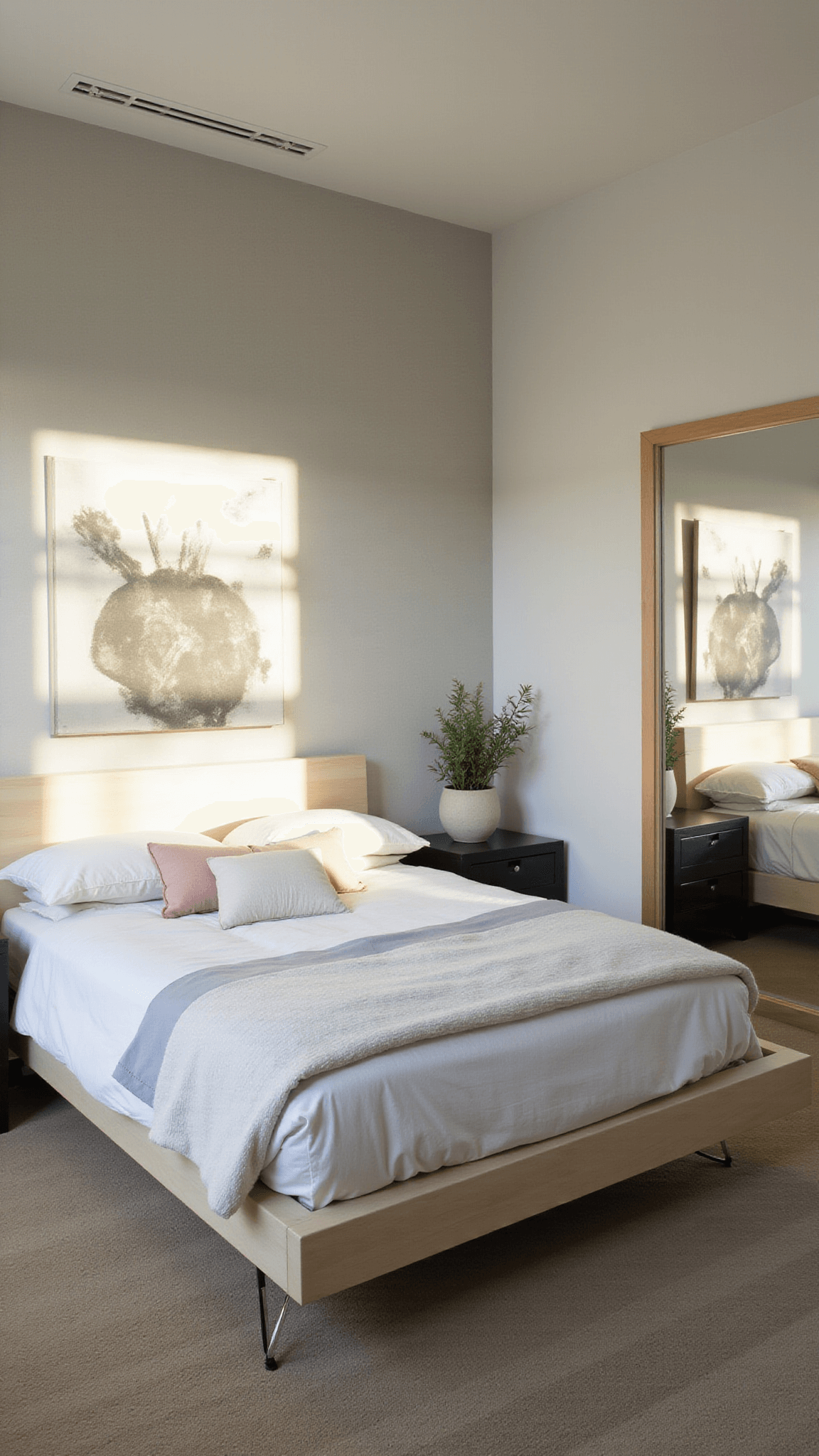 Contemporary 15x17ft bedroom with sunlit Venetian plaster accent wall, low bleached maple platform bed, neutral layered bedding, black metal furniture, and large mirror reflecting light.