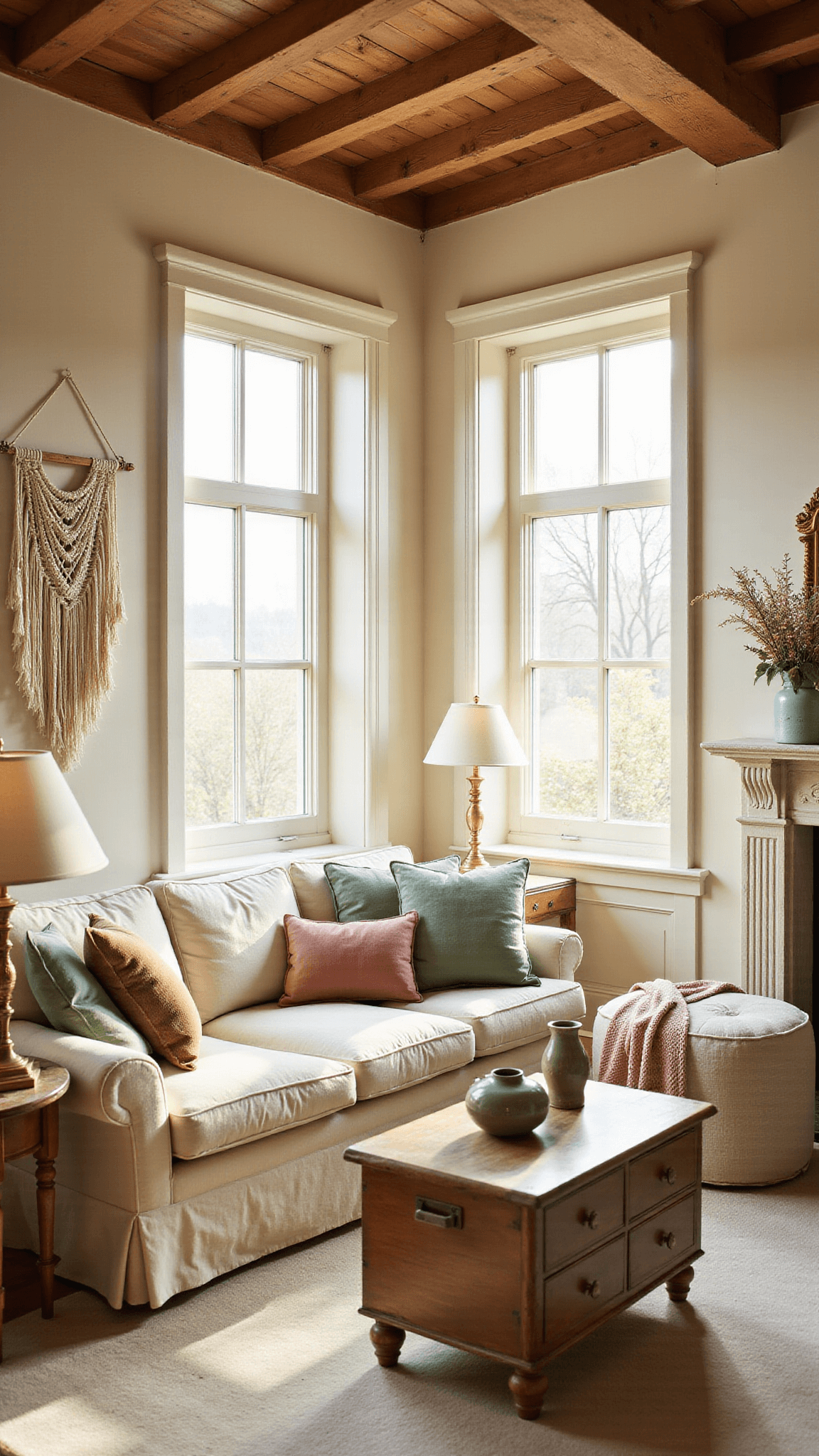 Sunlit living room with wooden beams, cream sectional, vintage decor, and golden afternoon light through tall windows.