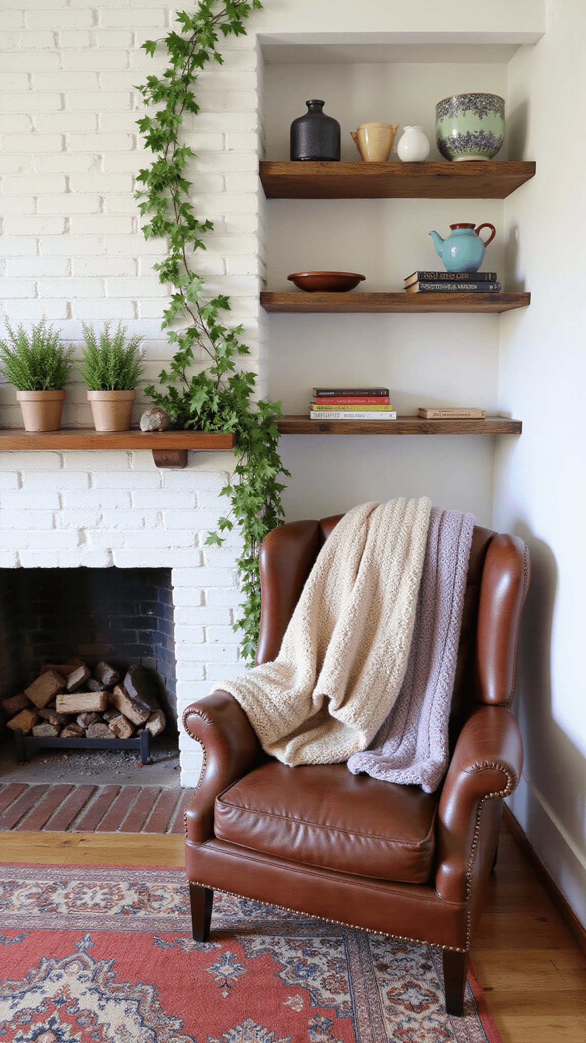 Cozy reading nook with vintage leather armchair, white brick fireplace, rustic mantel, Persian rug, and open shelves in soft morning light.