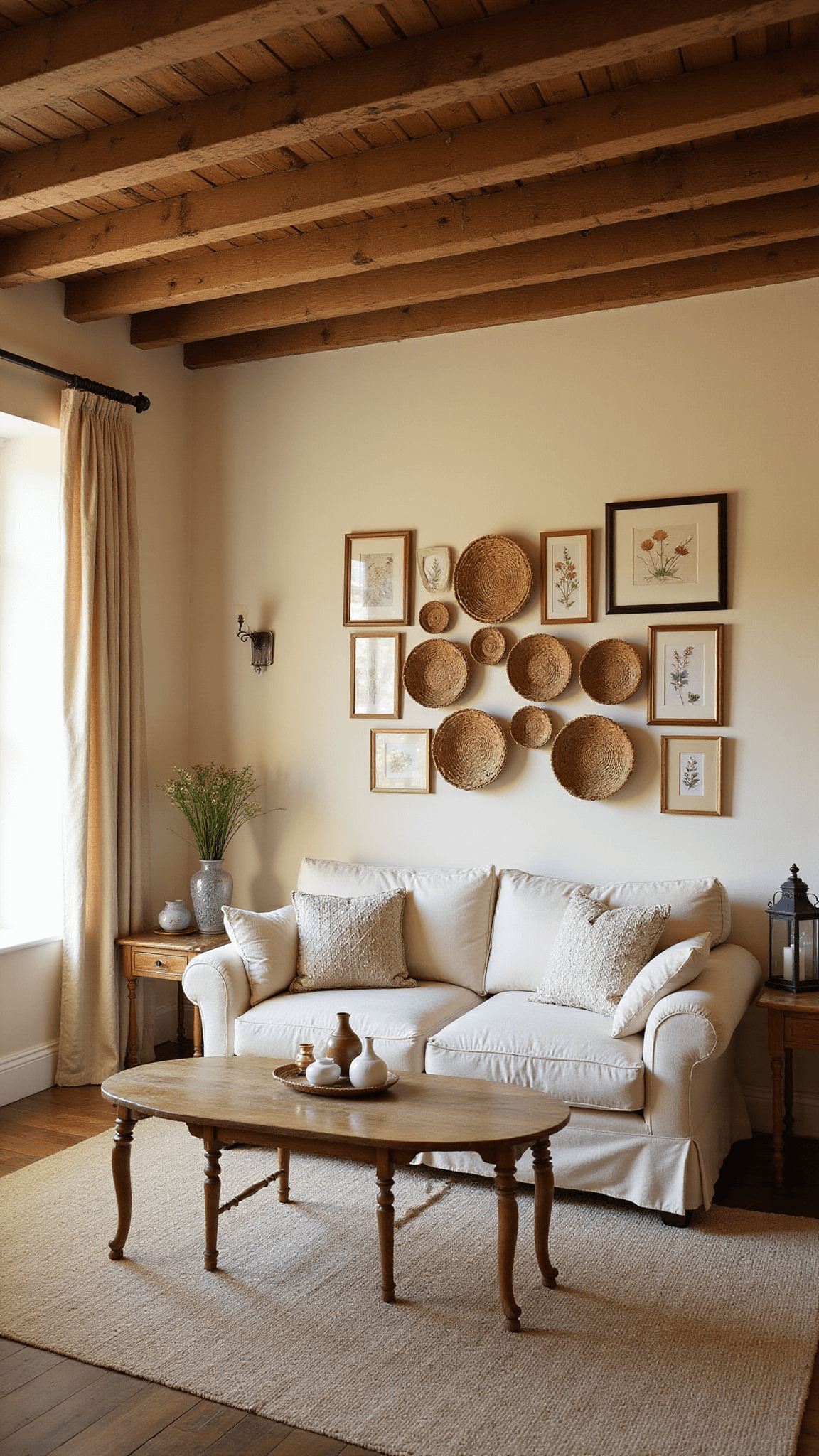 Cozy 16x16ft cottage living room at golden hour with linen curtains, overstuffed flax sofa, vintage tables, ceramic lanterns, and a pressed flower gallery wall.
