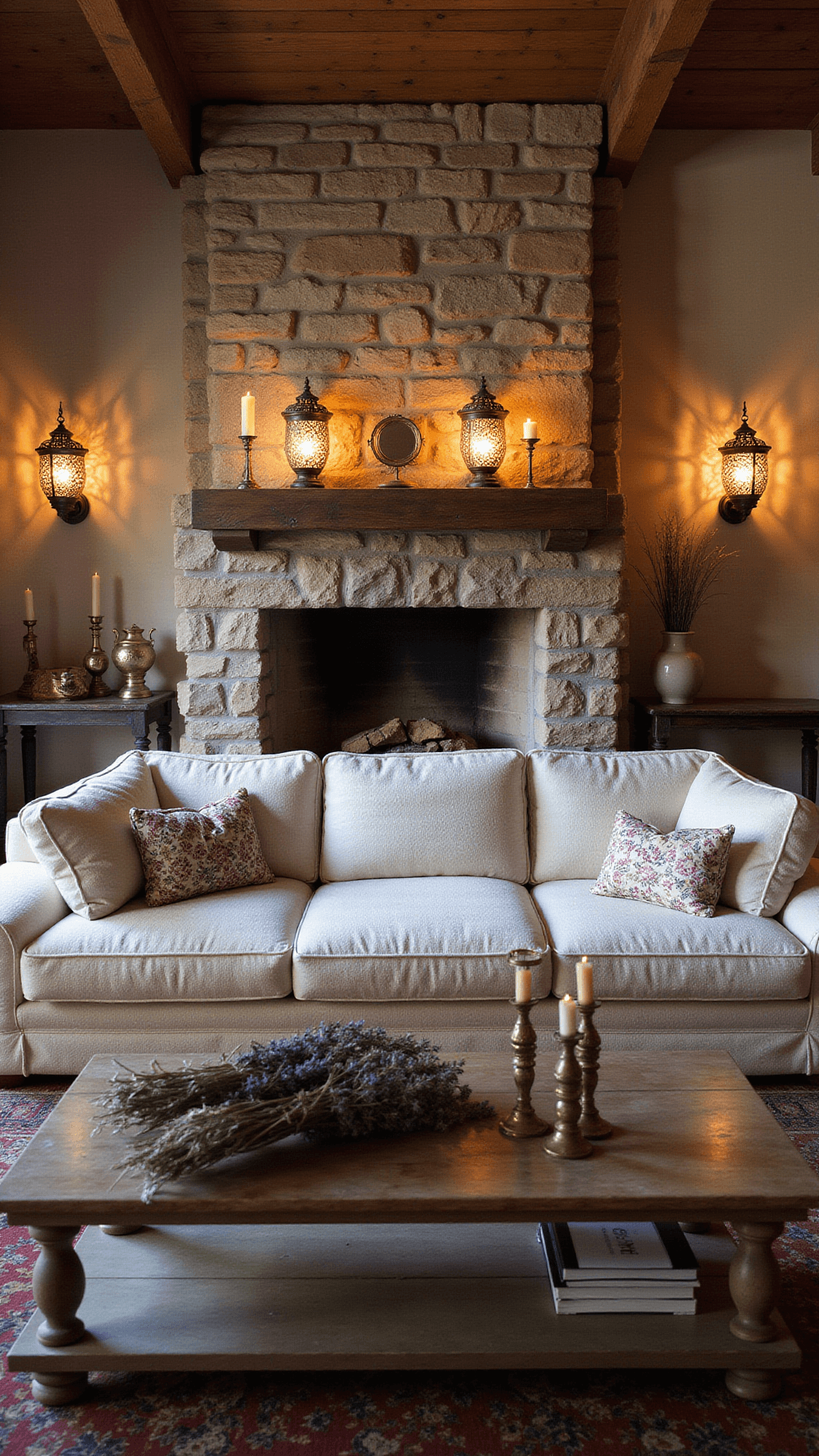 Rustic 14x20ft great room at dusk with stone fireplace, ivory bouclé sectional, Moroccan lanterns casting shadows, antique farmhouse console, and warm moody lighting.