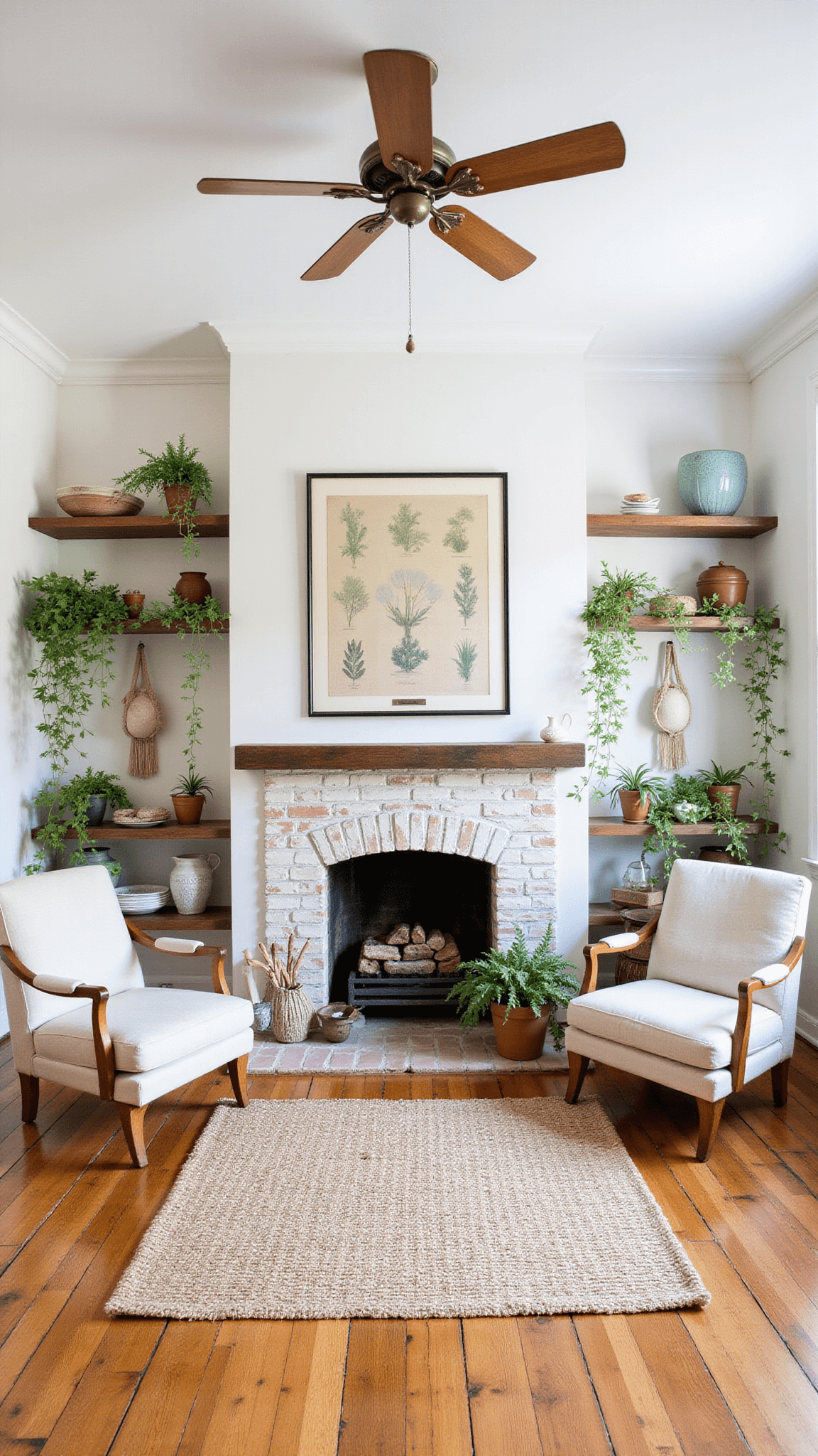 Charming 13x16ft sitting room with vintage linen armchairs, jute rugs on hardwood floors, whitewashed brick fireplace, open shelving with pottery and plants, and macramé hangers by mullioned windows, captured with natural midday light and wide-angle lens.