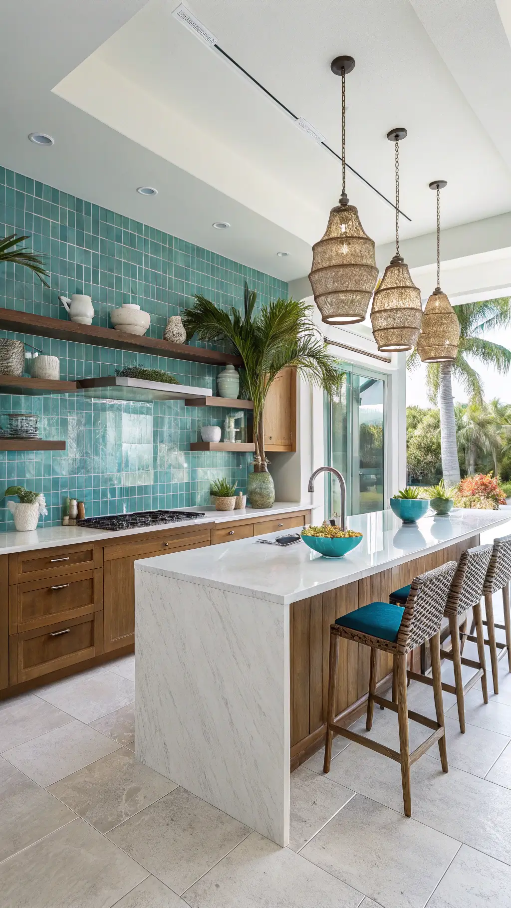 Tropical coastal kitchen with turquoise tile backsplash, white quartz island, teak cabinets, rattan pendants, palms, and ginger jars in morning skylight.