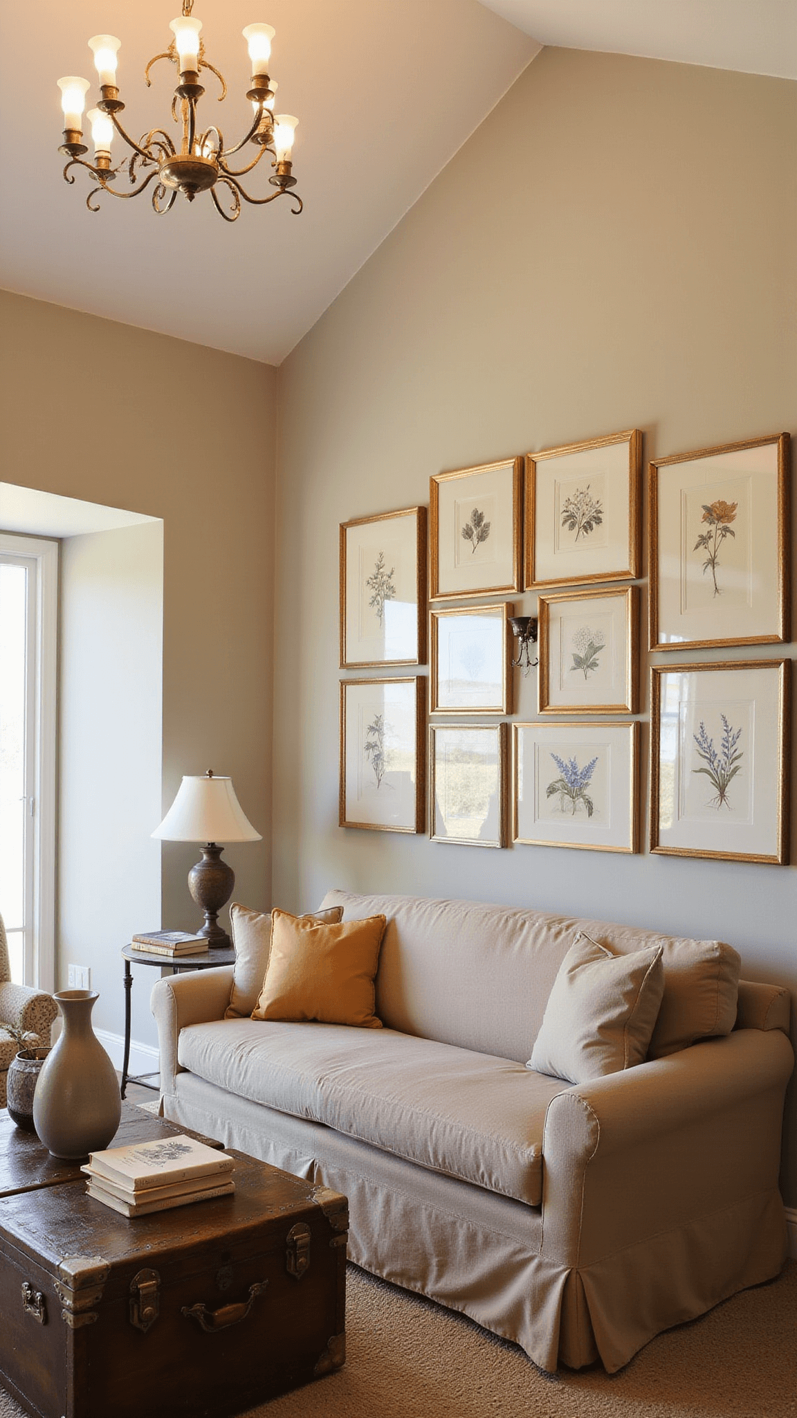 Romantic twilight living room with cathedral ceiling, vintage chandelier, oatmeal linen sofa, leather ottoman, botanical gallery wall, and antique trunk coffee table.