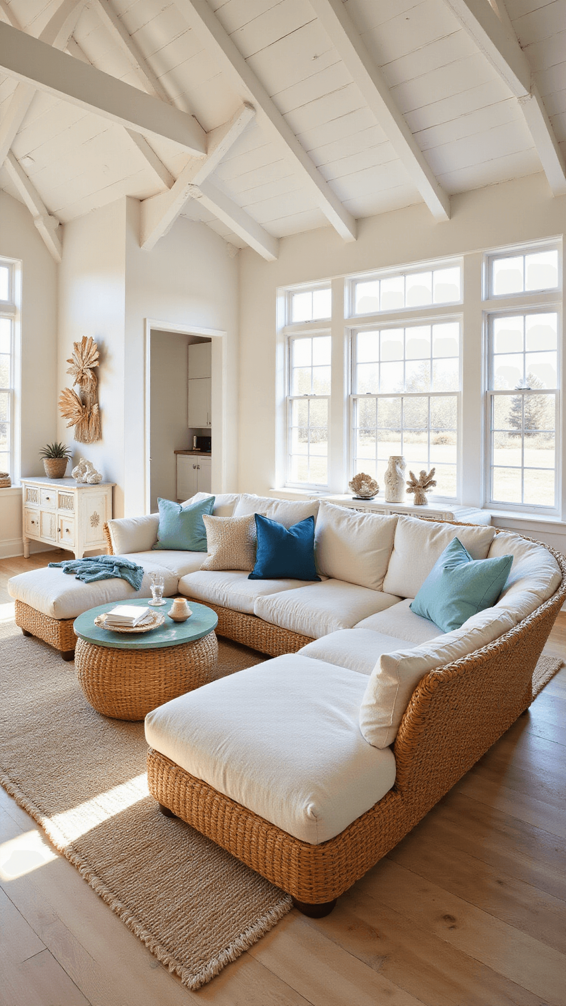 Sunlit vaulted living room with rattan sofa, blue-toned pillows, layered rugs, and coastal decor accents in airy, serene setting.