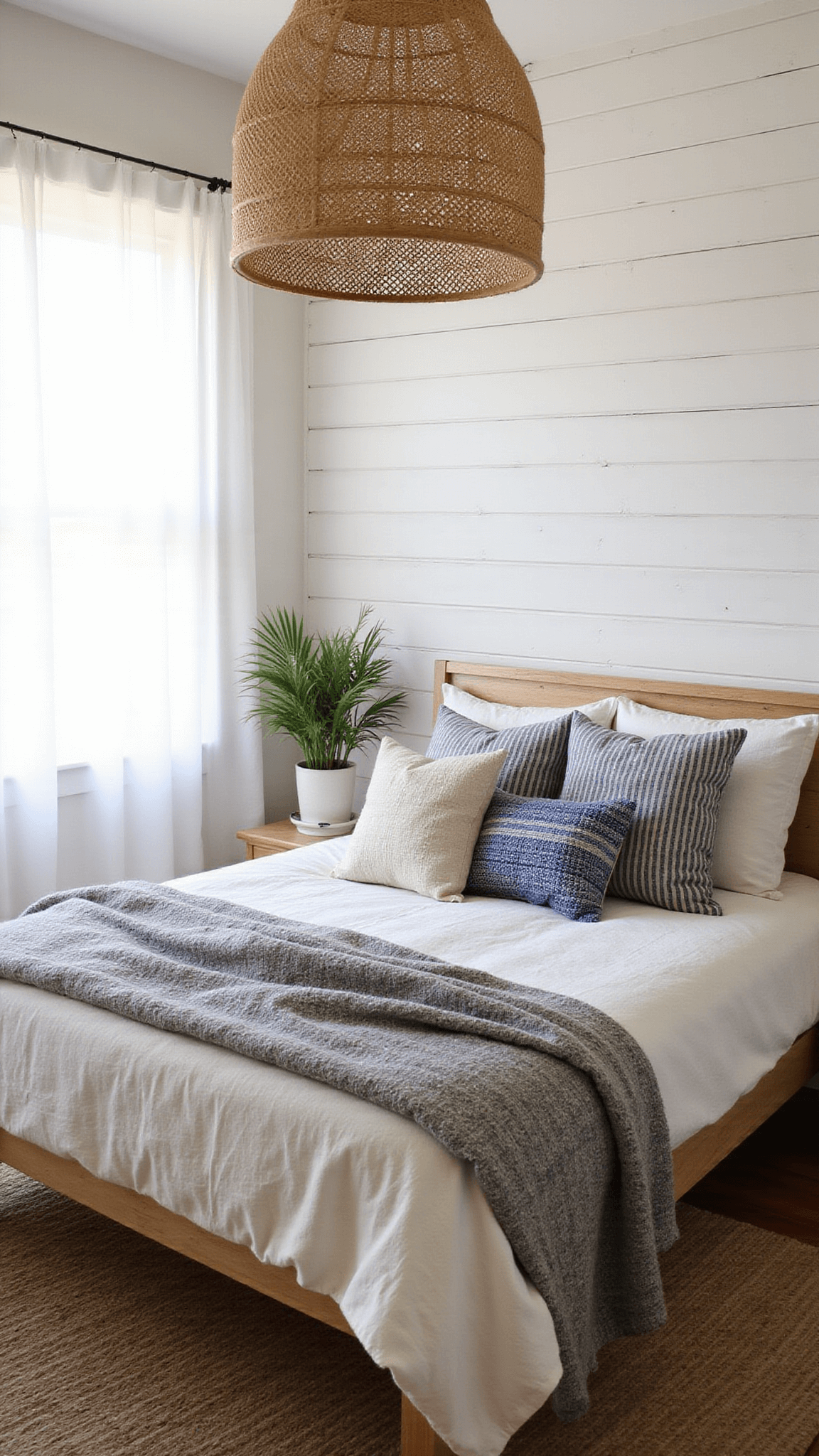 Cozy 12x14ft bedroom with teak platform bed, stone-washed linen bedding, rattan pendant light, indigo textiles, and palm fronds in soft morning light.