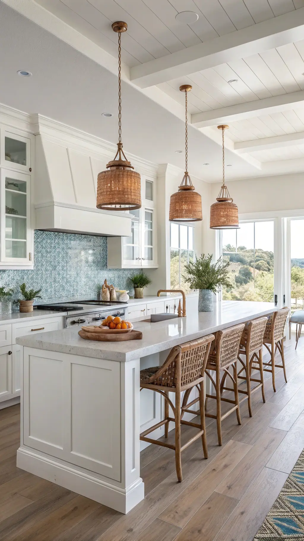 Modern coastal kitchen with white shaker cabinets, sea glass blue tile backsplash, reclaimed wood island, rattan barstools, and copper pendant lighting in soft mid-morning light.