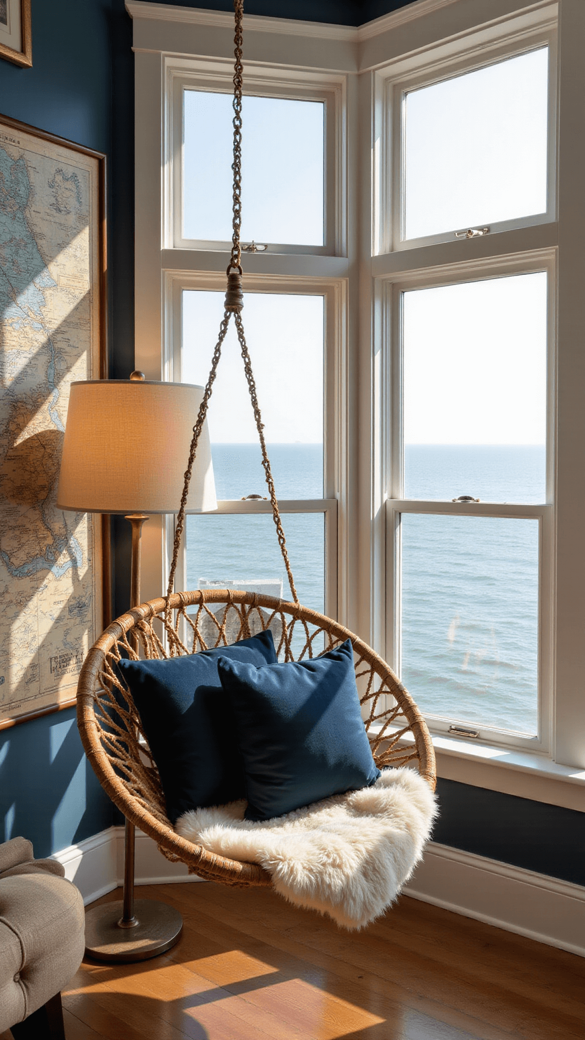 Cozy 10x12ft bay window reading nook with hanging rattan chair, cream sheepskin throw, navy cushions, brass floor lamp, blue and sand wall tapestry, and vintage maritime maps, bathed in late afternoon light.