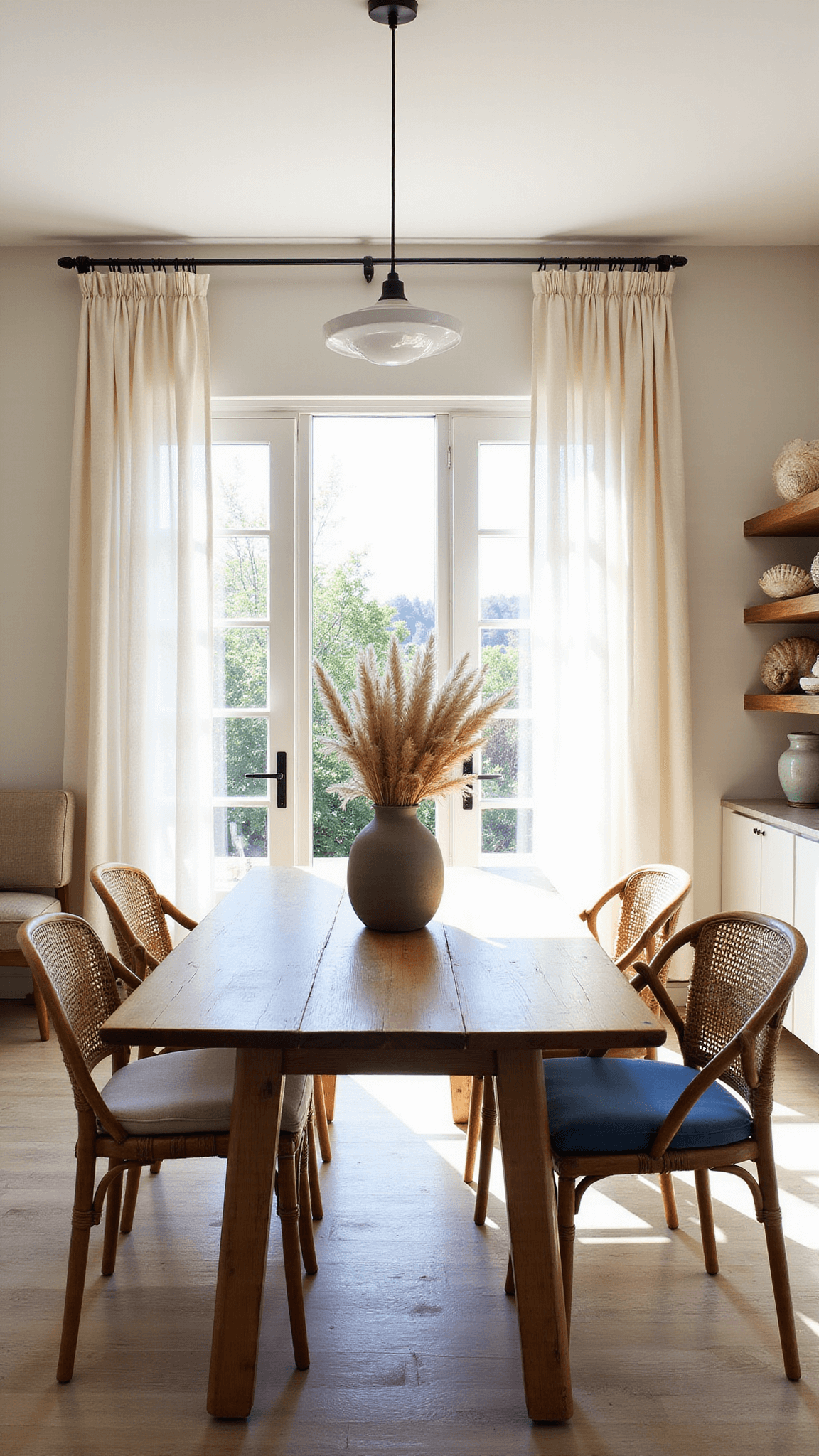 Bright dining room with reclaimed wood table, mixed natural chairs, and pampas grass vase, lit by midday sun through gauzy curtains, with French doors open to a terrace.