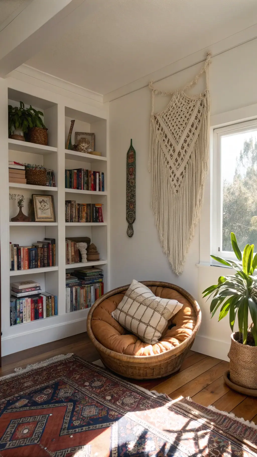 Bohemian reading nook with built-in white bookshelf, leather floor cushion, rattan peacock chair, macramé wall hanging, vintage kilim rug, and potted monstera in afternoon natural light.