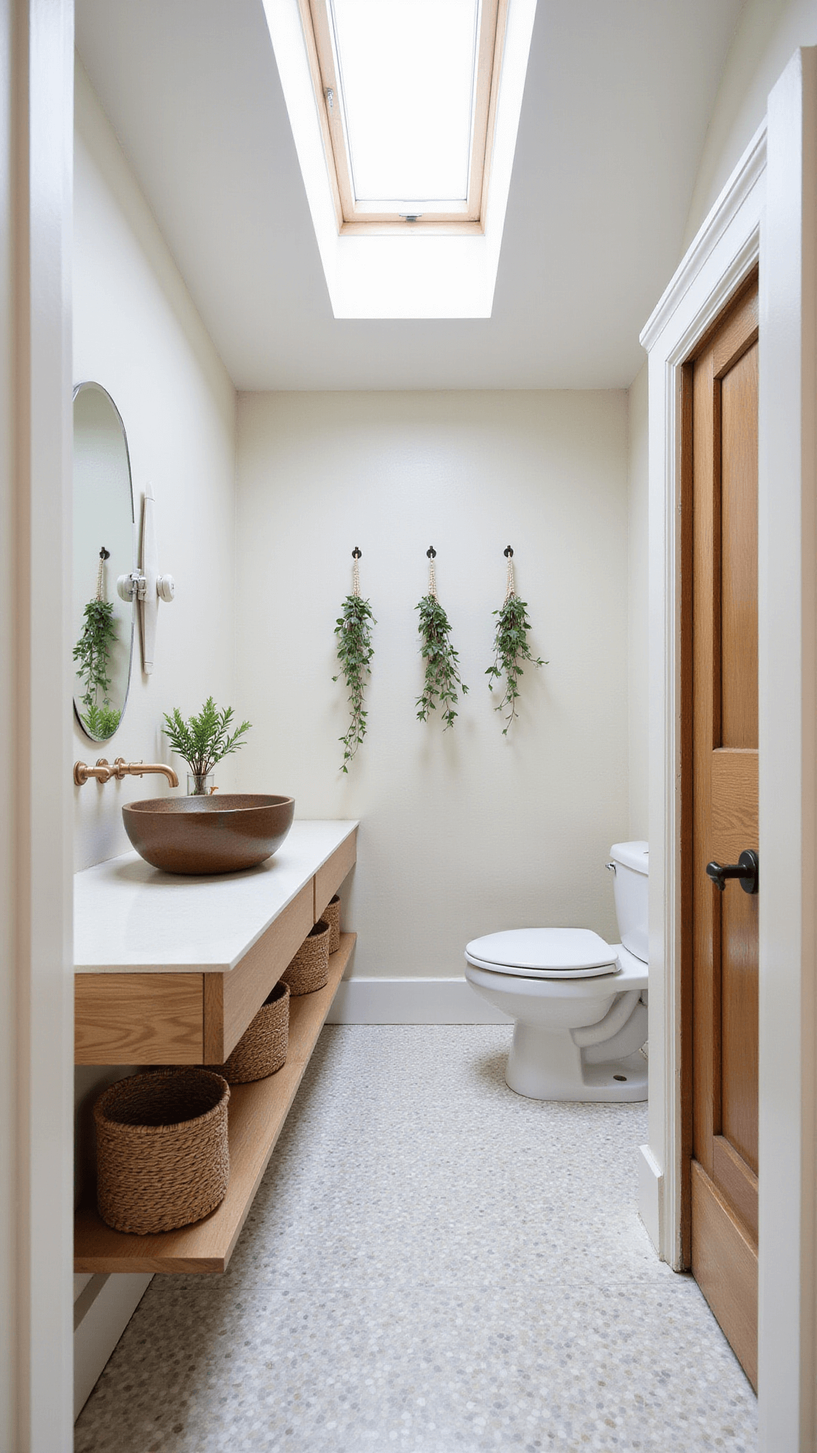 Airy 8x10ft bathroom with skylight, organic patterned cement tile flooring, floating bleached wood vanity, ceramic vessel sink, vintage brass fixtures, seagrass basket storage, and macramé plant hangers with vines.