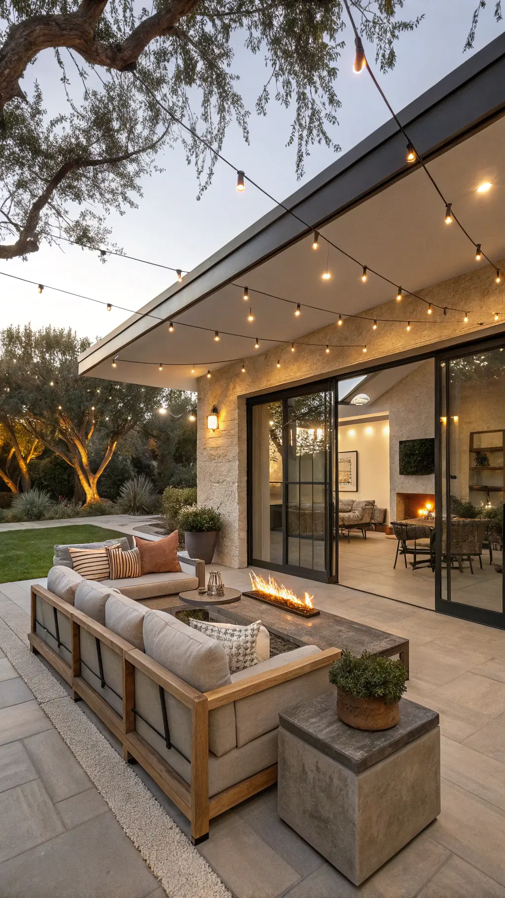 Indoor-outdoor living space at golden hour with sliding glass doors open, featuring greige outdoor sofa, concrete fire table, teak chairs, jasmine, olive trees, and string lights.