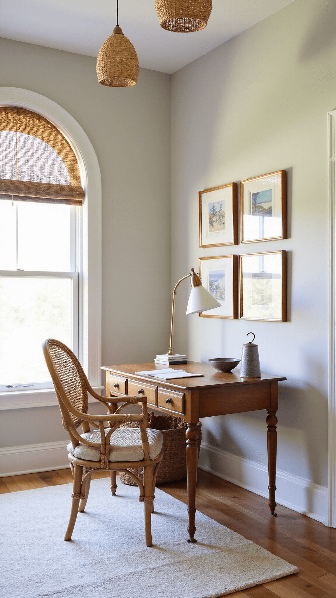 Cozy 12x14ft home office with arched windows, teak desk, rattan peacock chair, coastal art gallery wall, and filtered morning light.