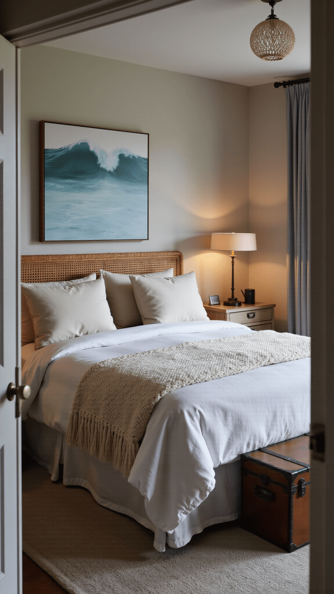 Serene 16x20ft primary suite at twilight with cane bed, layered linen bedding in ivory, sand, and pale blue, abstract ocean wave artwork, cream chunky knit throw, vintage trunk nightstand, and warm moody lighting.