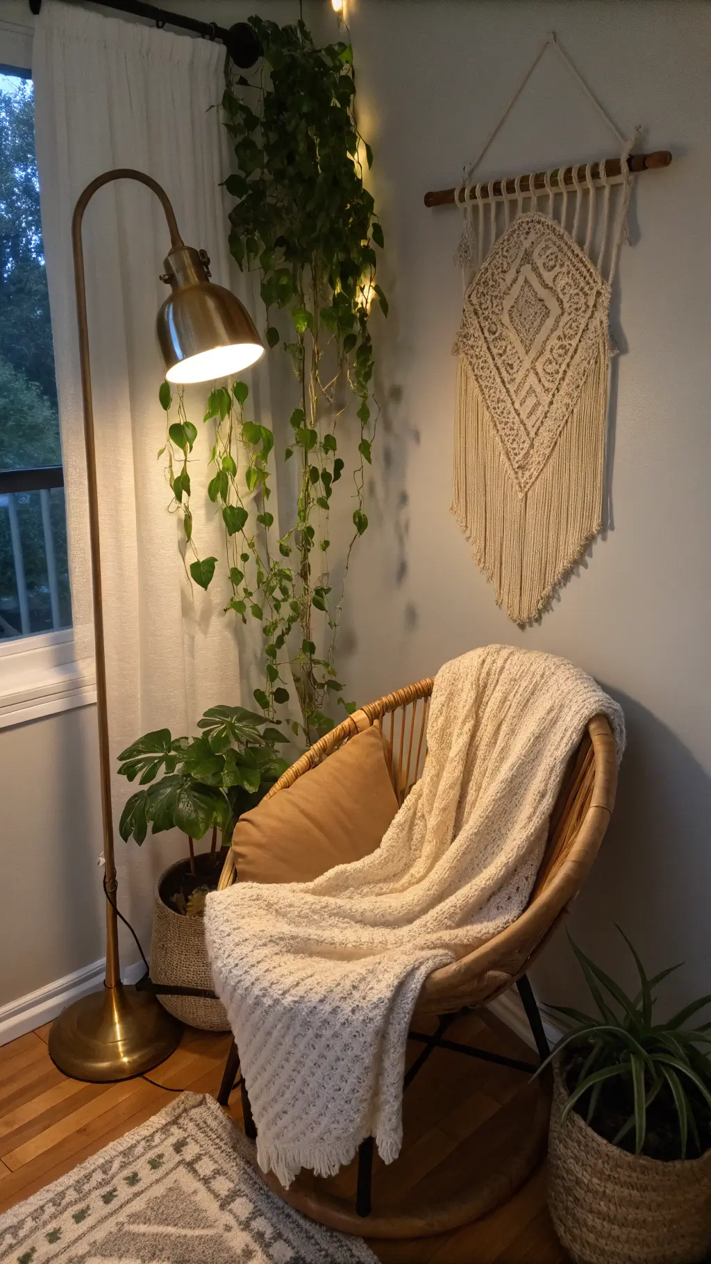 Cozy bedroom nook with rattan chair and knit throw beneath macramé wall art, warmly lit by vintage brass lamp, surrounded by trailing pothos, captured at dusk with moody, textured focus.
