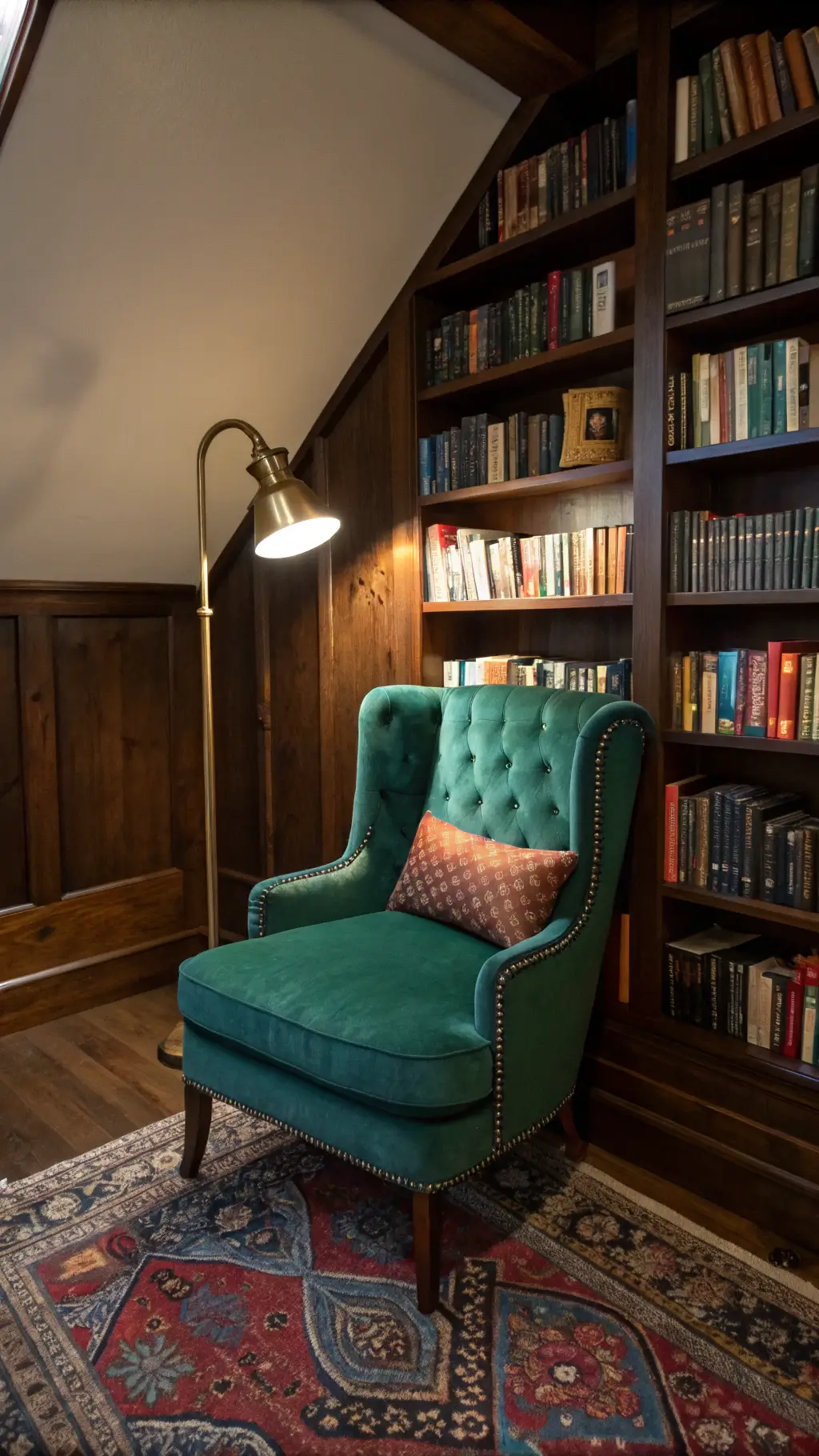 Cozy reading nook with emerald velvet Victorian armchair, dark walnut bookshelves, brass lamp, and jewel-toned oriental rug in softly lit bedroom corner.