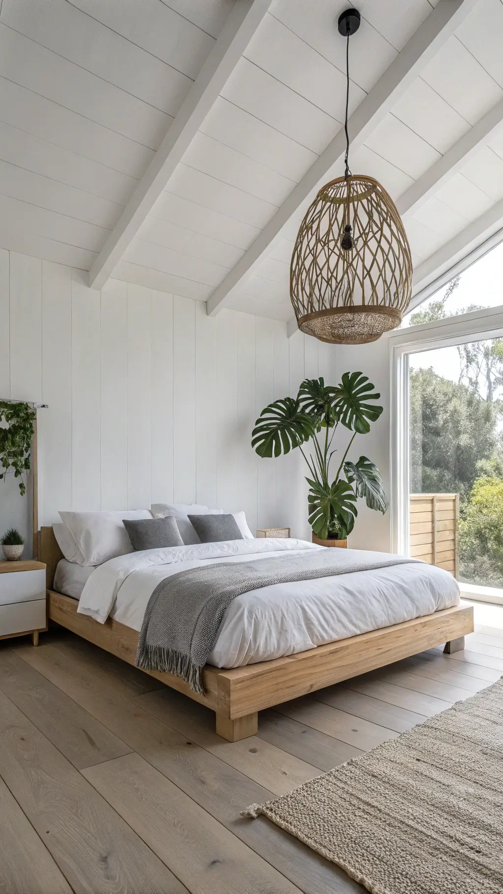 Minimalist Scandinavian bedroom with white walls, pale oak floor, platform bed in white and grey linens, geometric pendant light, and large monstera plant in natural morning light.