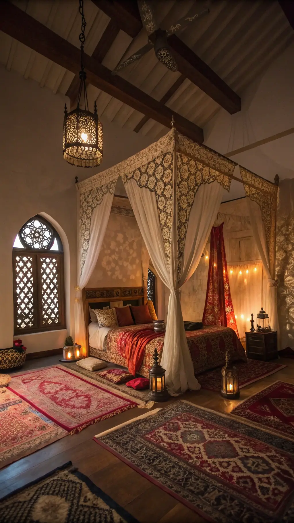 Bohemian bedroom with canopy bed draped in jewel-toned sari fabrics, Moroccan lanterns casting shadows, vintage rugs in warm tones, brass decor, and vaulted ceilings captured at magic hour.