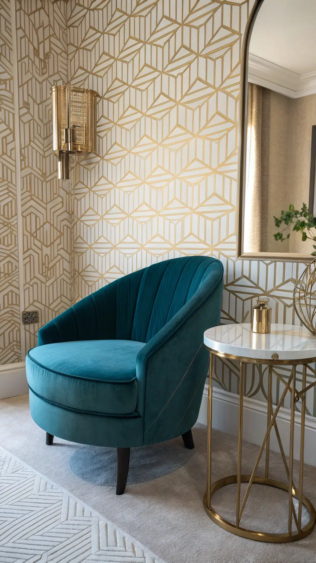 Art Deco bedroom corner with teal velvet chair, gold geometric wallpaper, marble-brass side table, and beveled mirror in afternoon light.