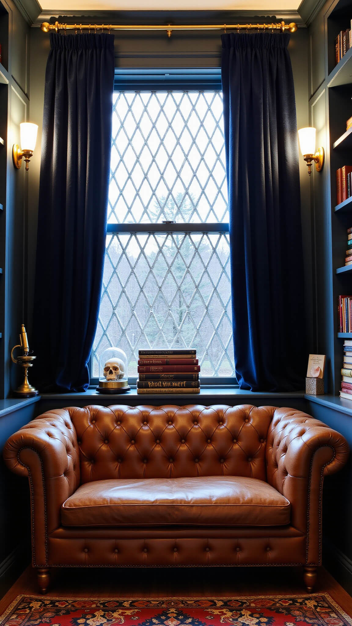 Cozy twilight reading nook with chesterfield sofa, bay window, velvet curtains, vintage books, and moody lighting.