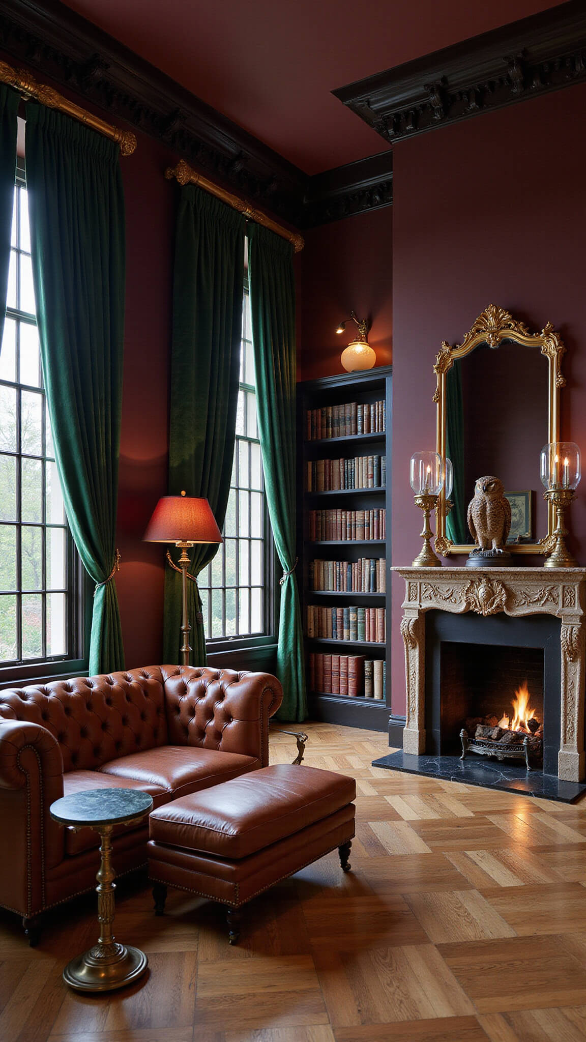 Victorian-style library with herringbone wood floors, marble fireplace, emerald drapes, and rich burgundy walls, viewed from entrance at dusk.