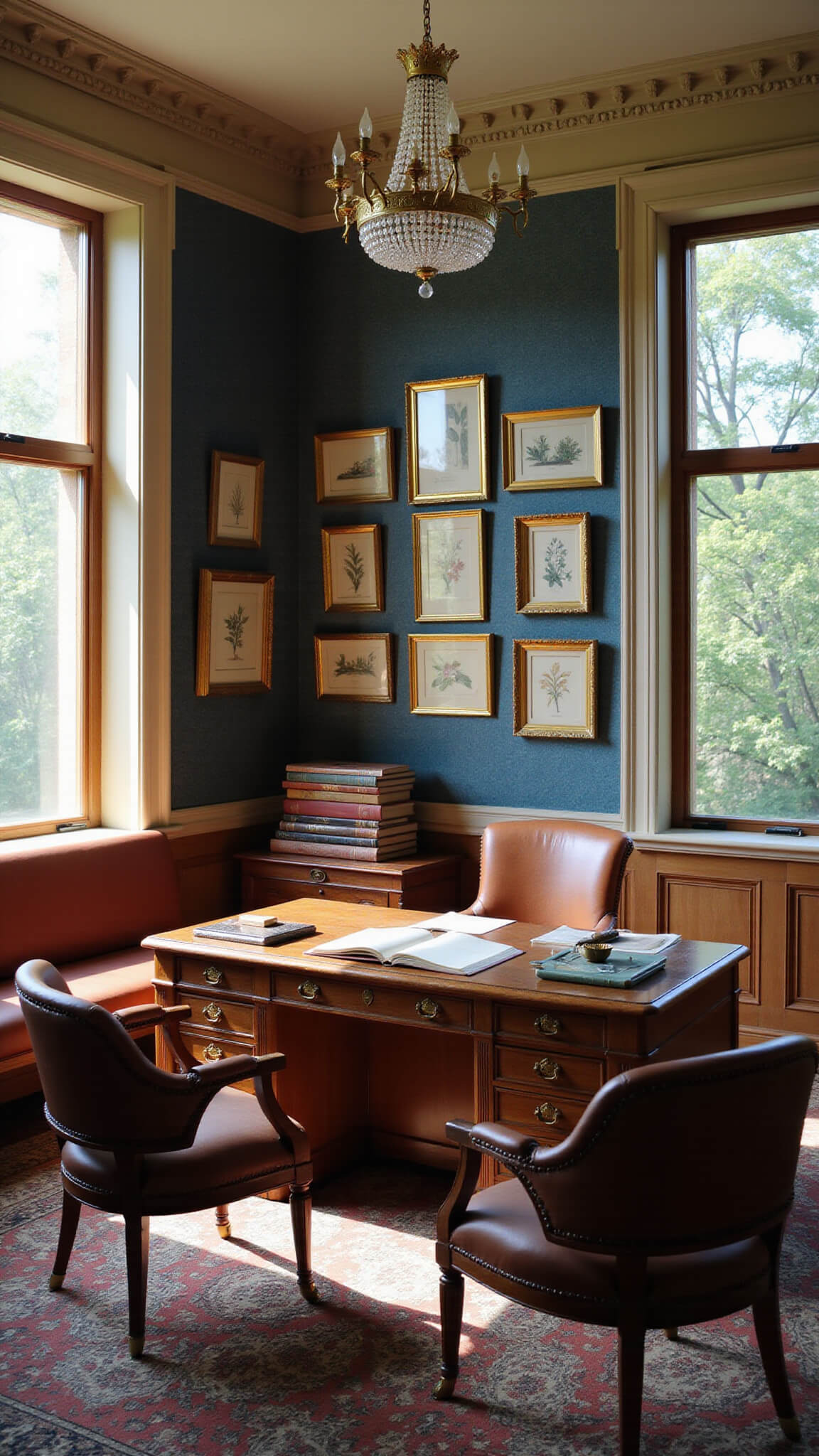 Professor's office with 1920s architecture, deep navy walls, antique desk, leather chairs, and morning light streaming through windows.