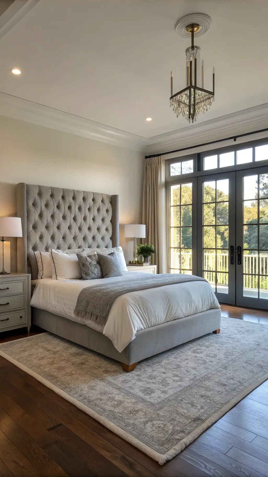 Elegant master bedroom with dove gray tufted headboard, king bed in white linen and silver silk, crystal lamps on oak nightstands, cream wool rug over dark hardwood, sunlit through floor-to-ceiling windows.