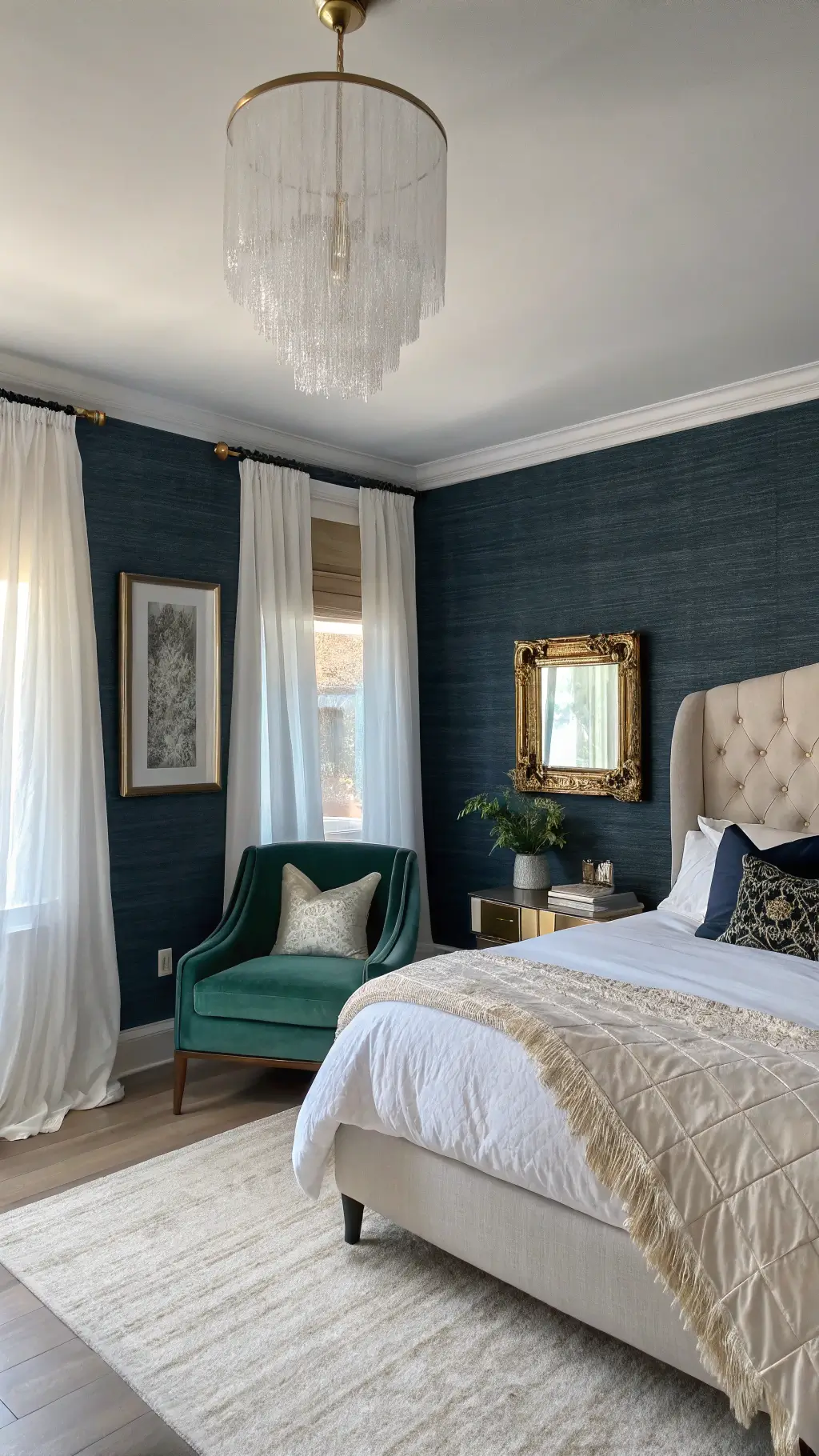 Low-angle view of a 12x14ft bedroom with navy grasscloth focal wall, emerald velvet chair, brass mirror, white bedding, and champagne silk quilt in soft morning light.