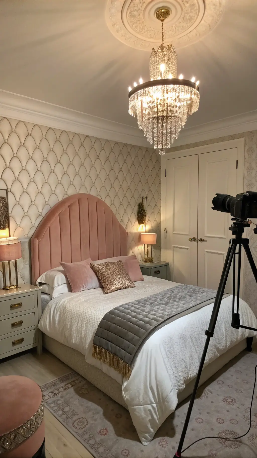 Moody dusk-lit bedroom with blush pink velvet headboard, vintage crystal chandelier, layered bedding, and geometric wallpaper.