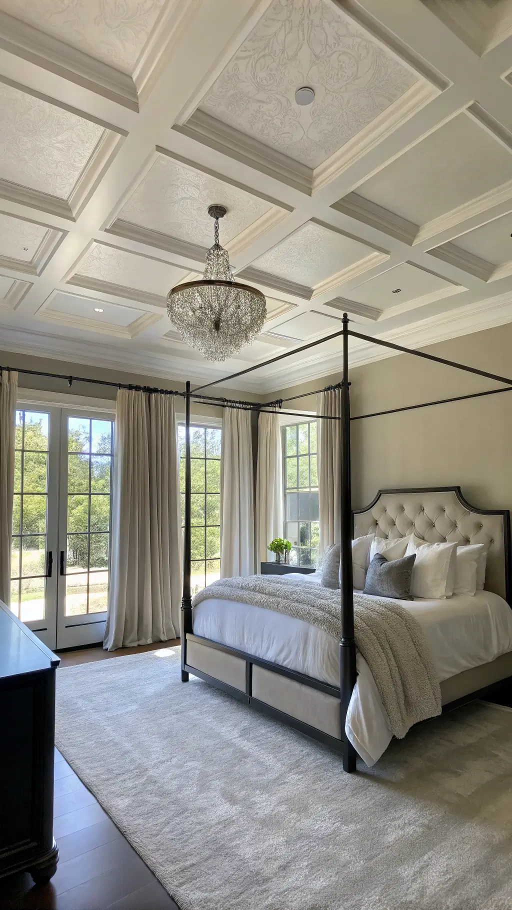 Sunlit 15x18ft master suite with 10ft tray ceiling, floor-to-ceiling east-facing windows with ivory silk drapes, matte black four-poster bed, and layered luxury bedding in white, charcoal, and silver tones.