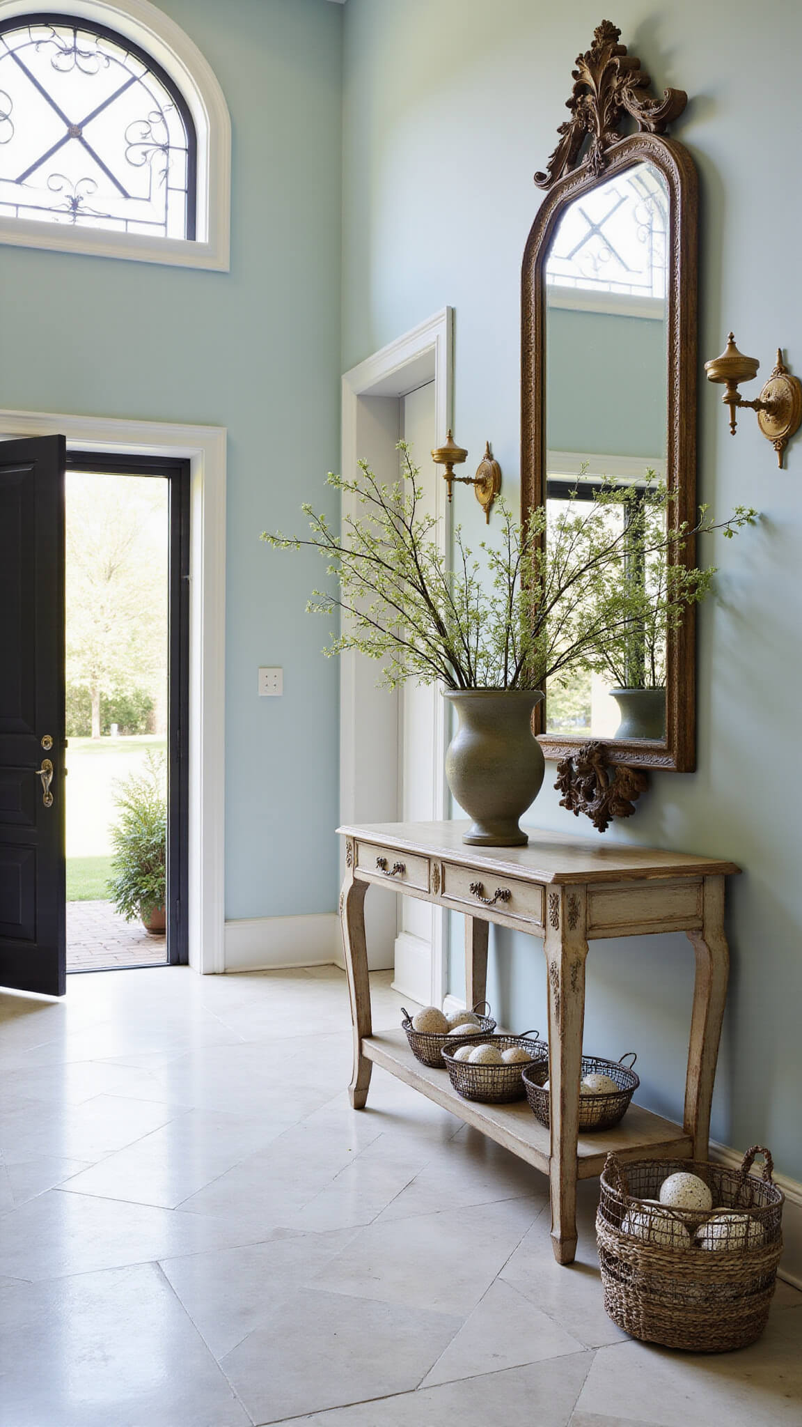 Low-angle view of a grand entryway with herringbone marble floors, arched doorway, pale blue walls, and mid-morning light casting shadows; features a distressed French console table with flowering dogwood branches, vintage mirrors, brass accents, and nested wire baskets filled with speckled eggs.