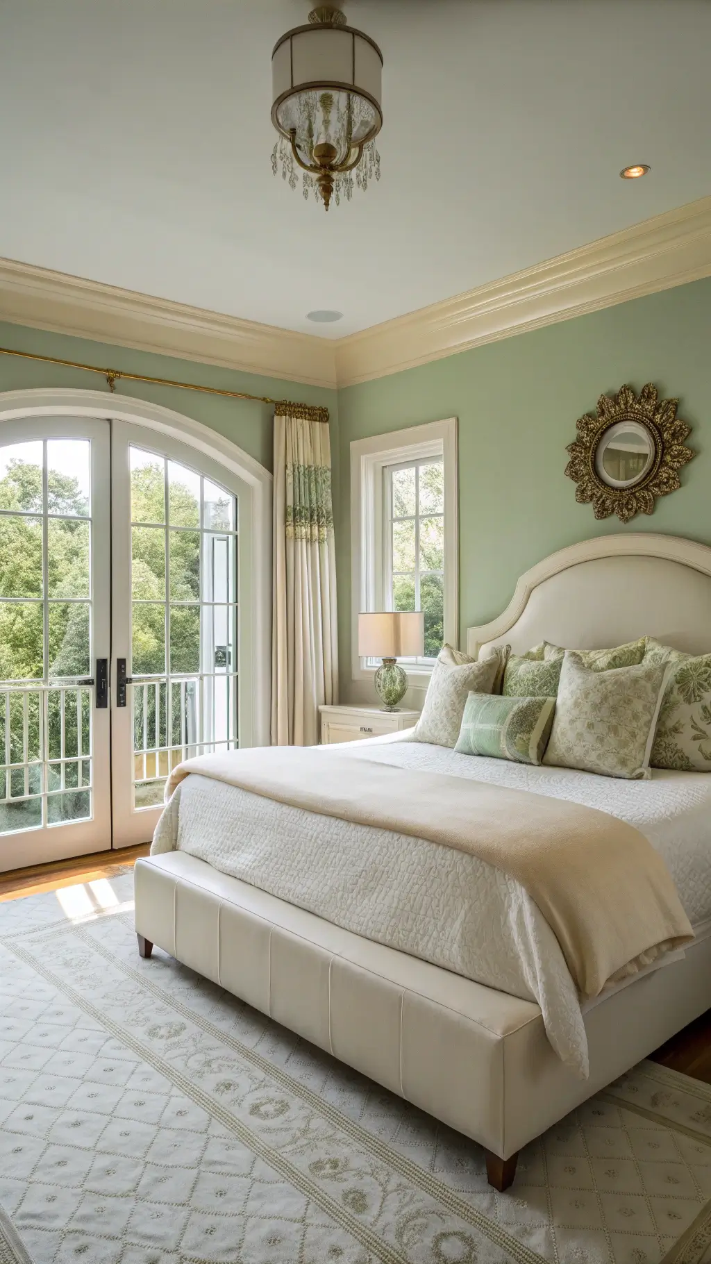 Airy 13x15ft sage green corner bedroom with ivory trim, curved ivory leather queen bed, French doors to Juliet balcony, floating white sheers, built-in window seats, and antique brass mirror reflecting mid-morning light.