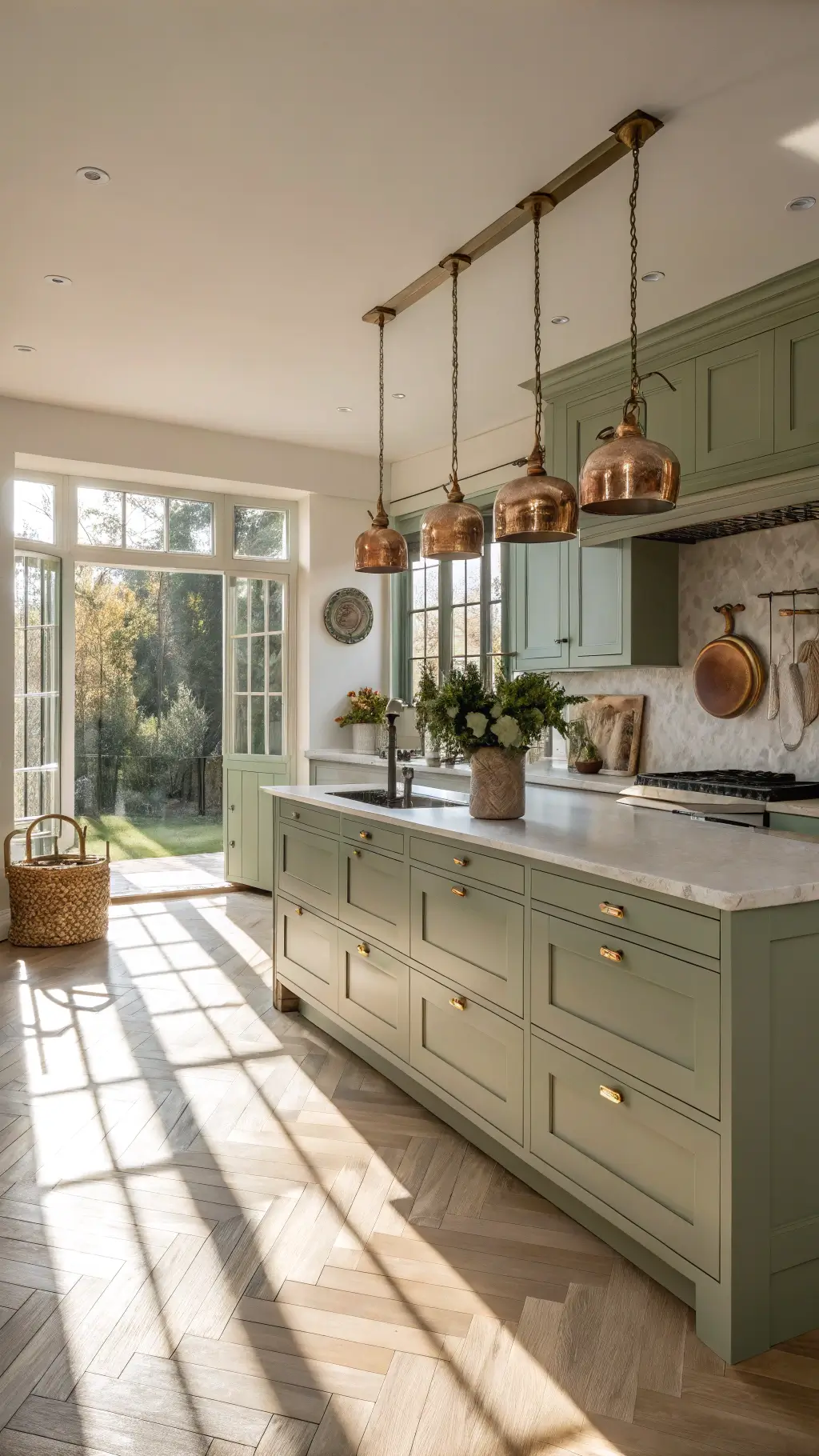 Sunlit sage green kitchen with white oak herringbone floors, Carrara marble island, brass pendant lights, and vintage copper pots at golden hour.