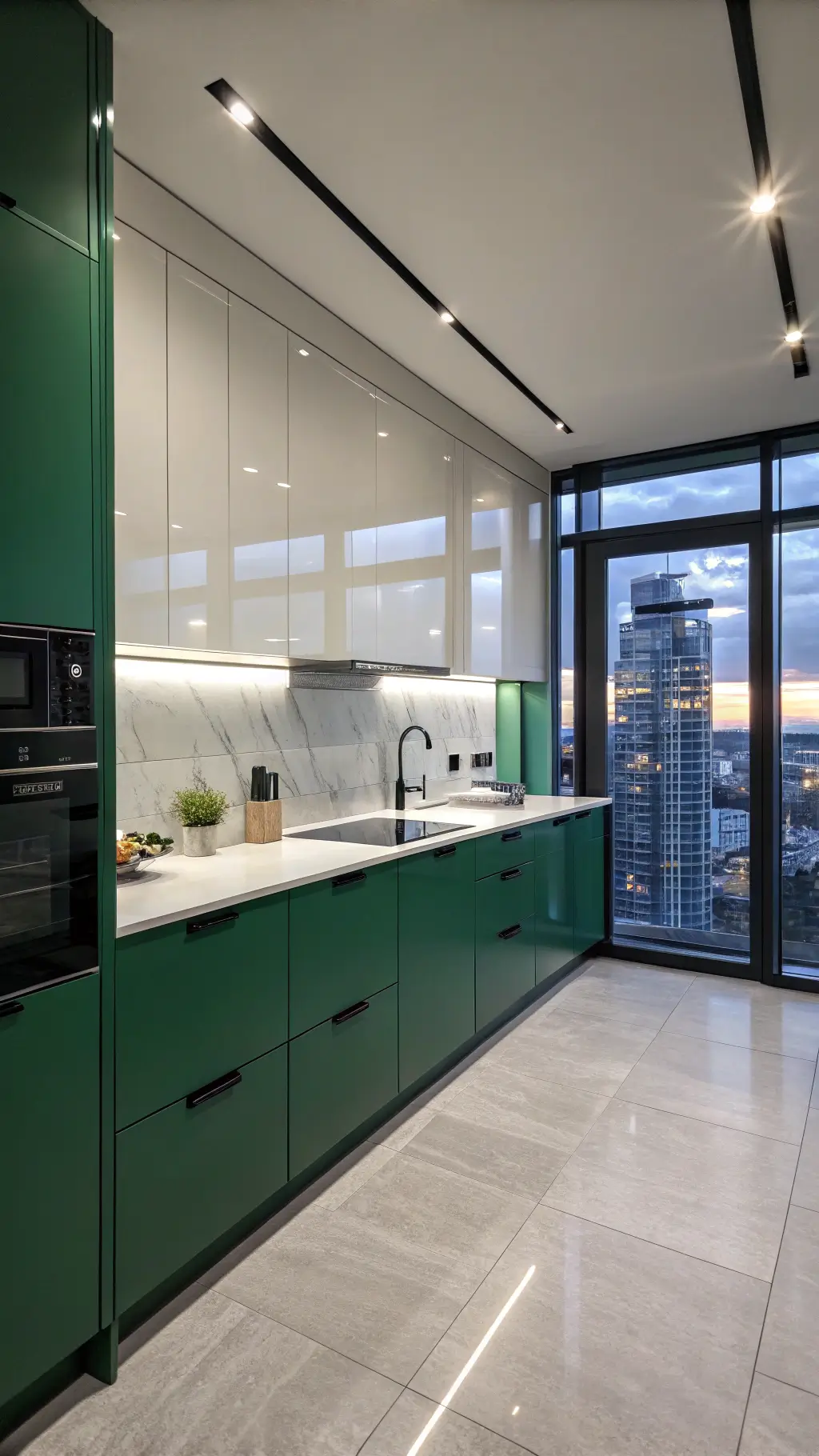 Modern L-shaped kitchen with emerald green high-gloss cabinets, white quartz waterfall countertops, matte black hardware, and industrial black steel windows at dusk.