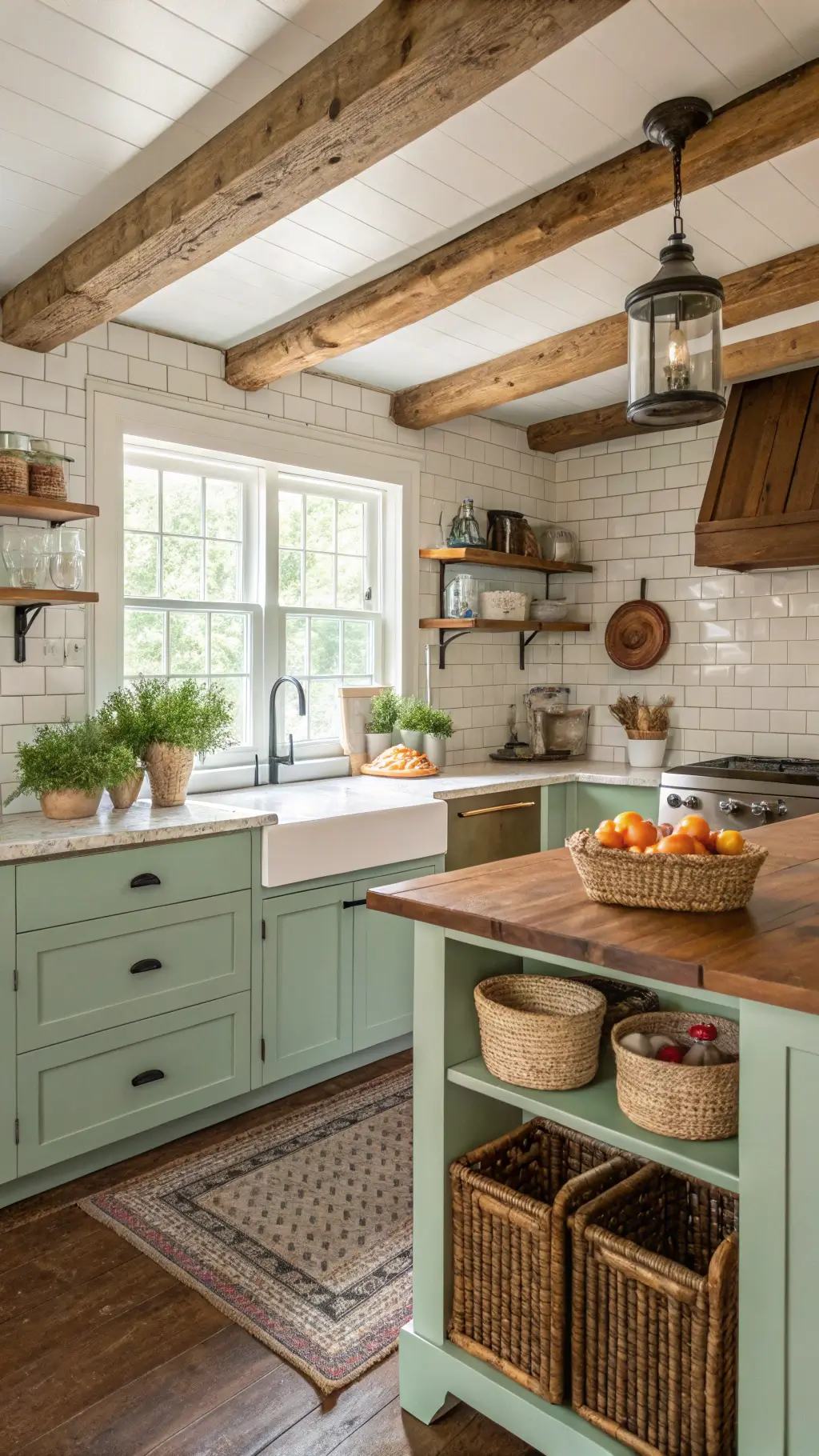 Cozy farmhouse kitchen with mint green beadboard cabinets, butcher block island, vintage enamelware, and rustic decor in warm mid-morning light.