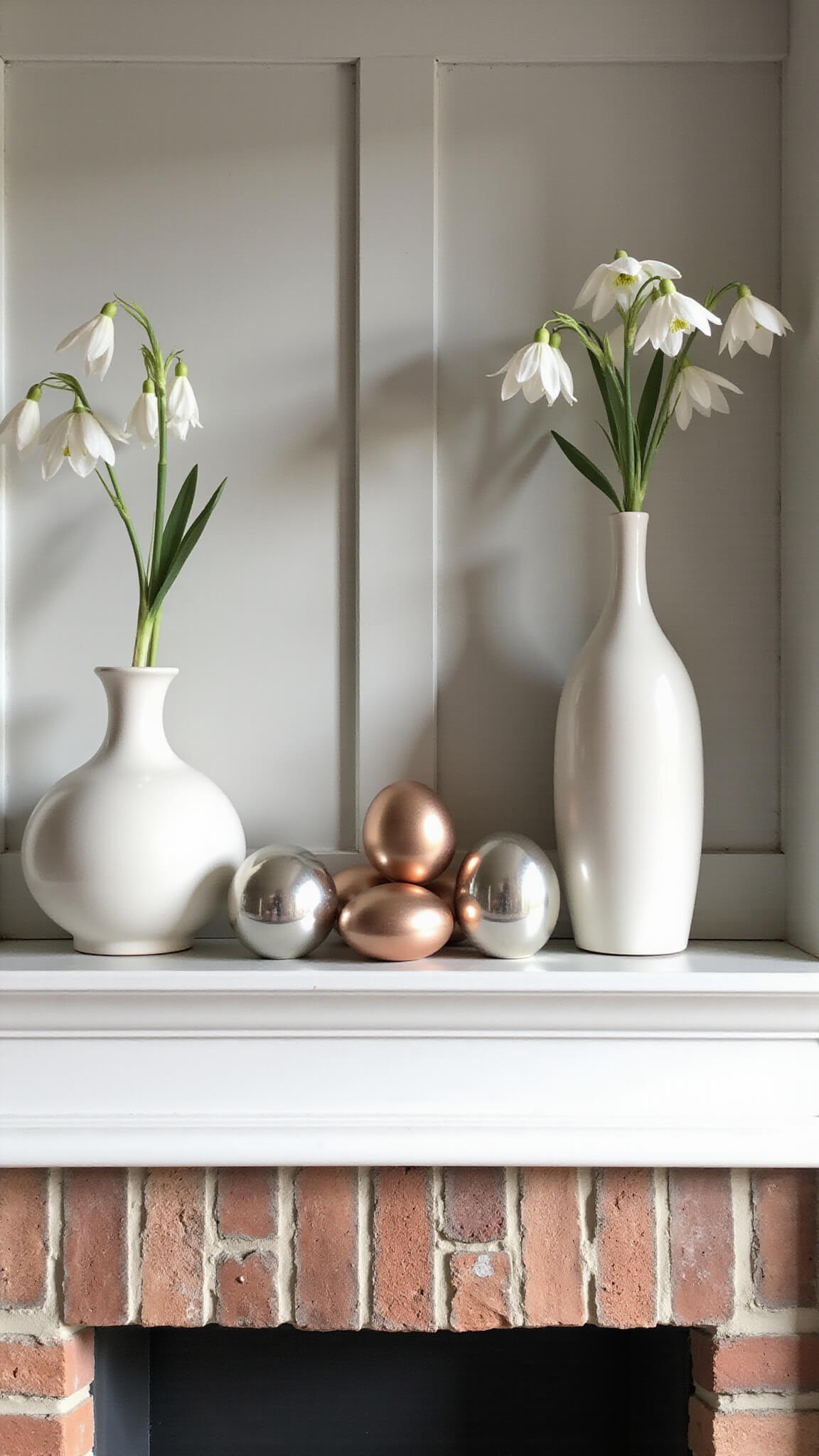 Modern fireplace with floating marble mantel, herringbone brick surround, and minimalist Easter display featuring ceramic vessels with paper whites and muscari, accented by rose gold and platinum metallic eggs.