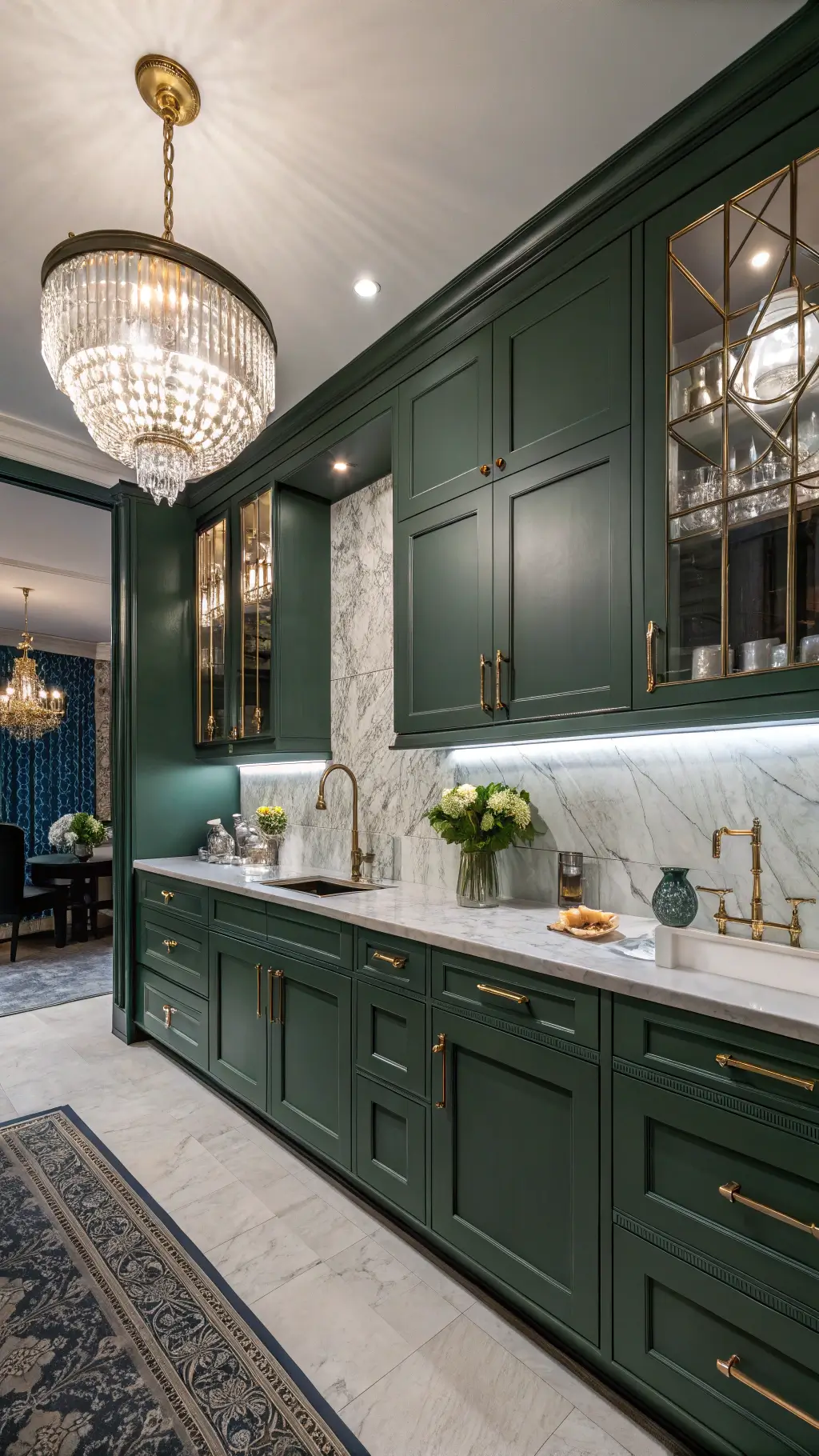 Luxurious 20ft hunter green gallery kitchen at blue hour with marble backsplash, antique brass fixtures, crystal chandelier, and art deco styling.
