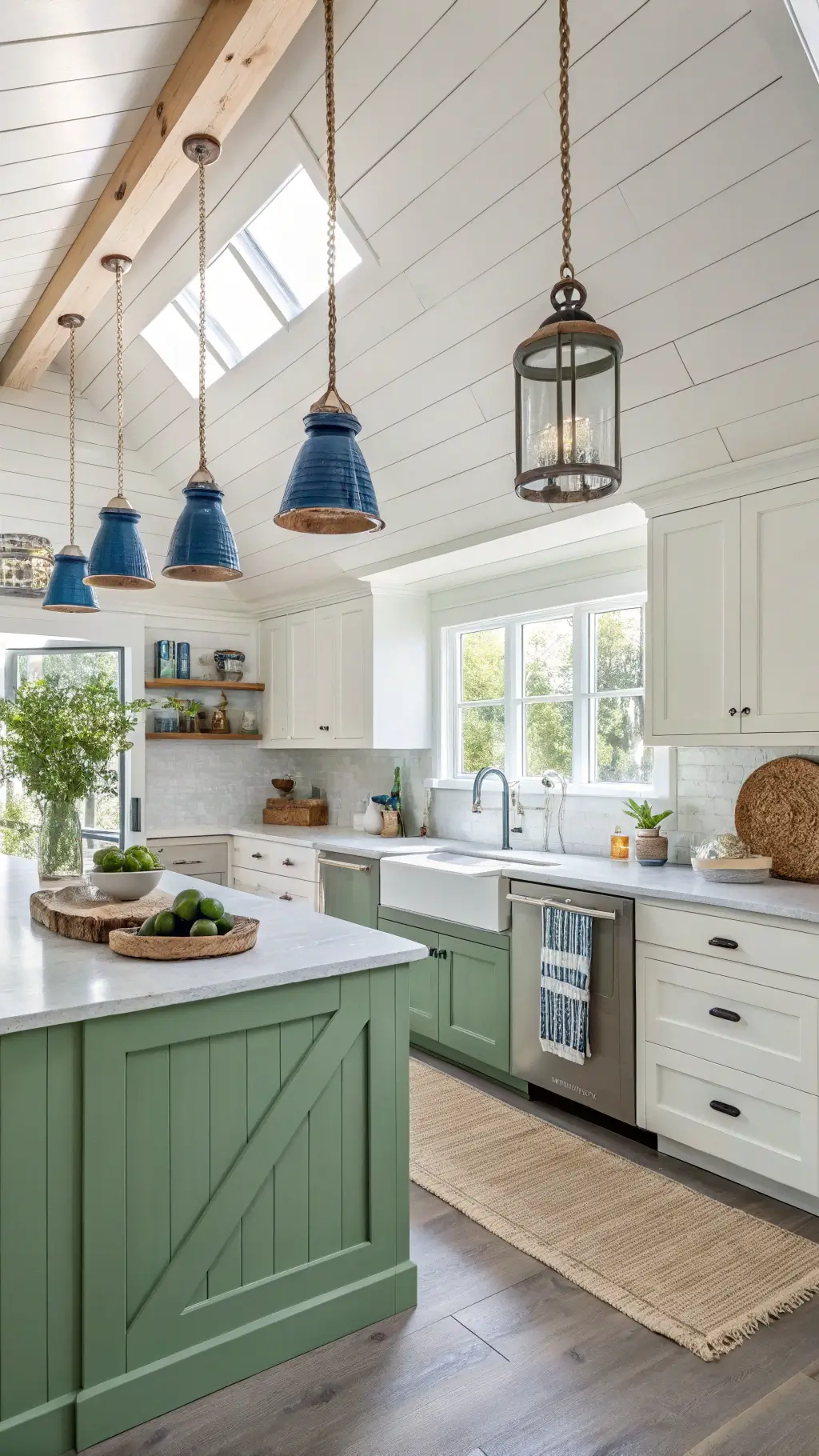 Bright coastal kitchen with avocado green lower cabinets, white uppers, concrete countertops, nautical pendant lights, and beach-themed decor.
